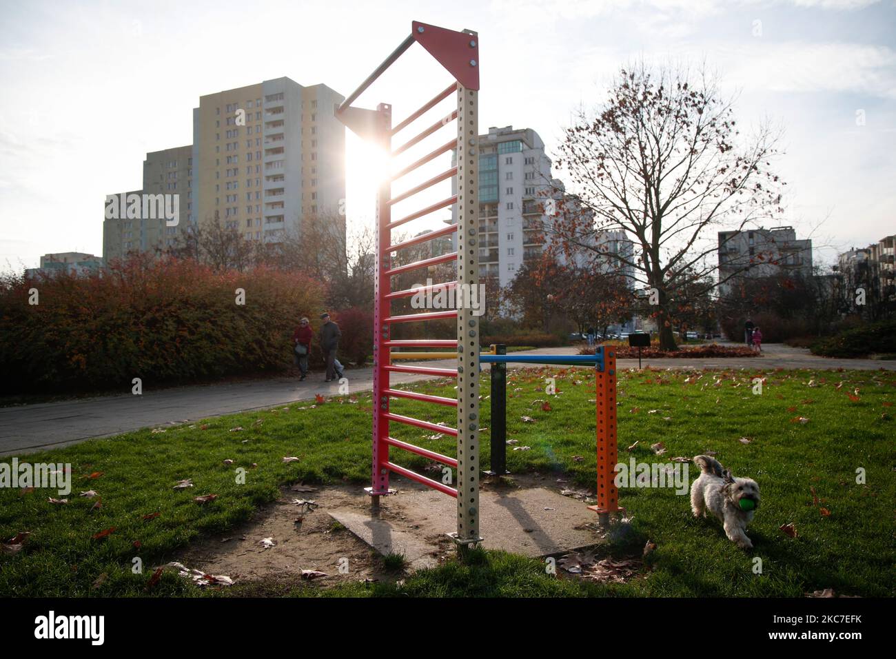 La scultura 'Stall Bars' di Nik Kosma è stata vista nel Parco delle sculture di Brodno a Varsavia, in Polonia, il 04 novembre 2022. Il Parco delle sculture di Brodno è un l Foto Stock