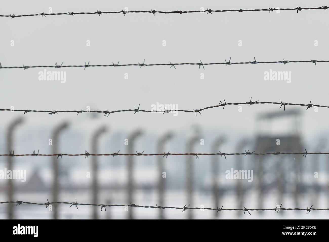 Una vista di recinzioni di filo spinato, torri e barriere all'interno di Auschwitz II-Birkenau, un campo di concentramento e sterminio nazista tedesco (immagine del file dal 26 gennaio 2019). A causa della pandemia di coronavirus, si terrà online l'evento commemorativo del 76th° anniversario della liberazione del campo di concentramento e sterminio nazista tedesco di Auschwitz. Martedì 25 gennaio 2021 a Dublino, Irlanda. (Foto di Artur Widak/NurPhoto) Foto Stock