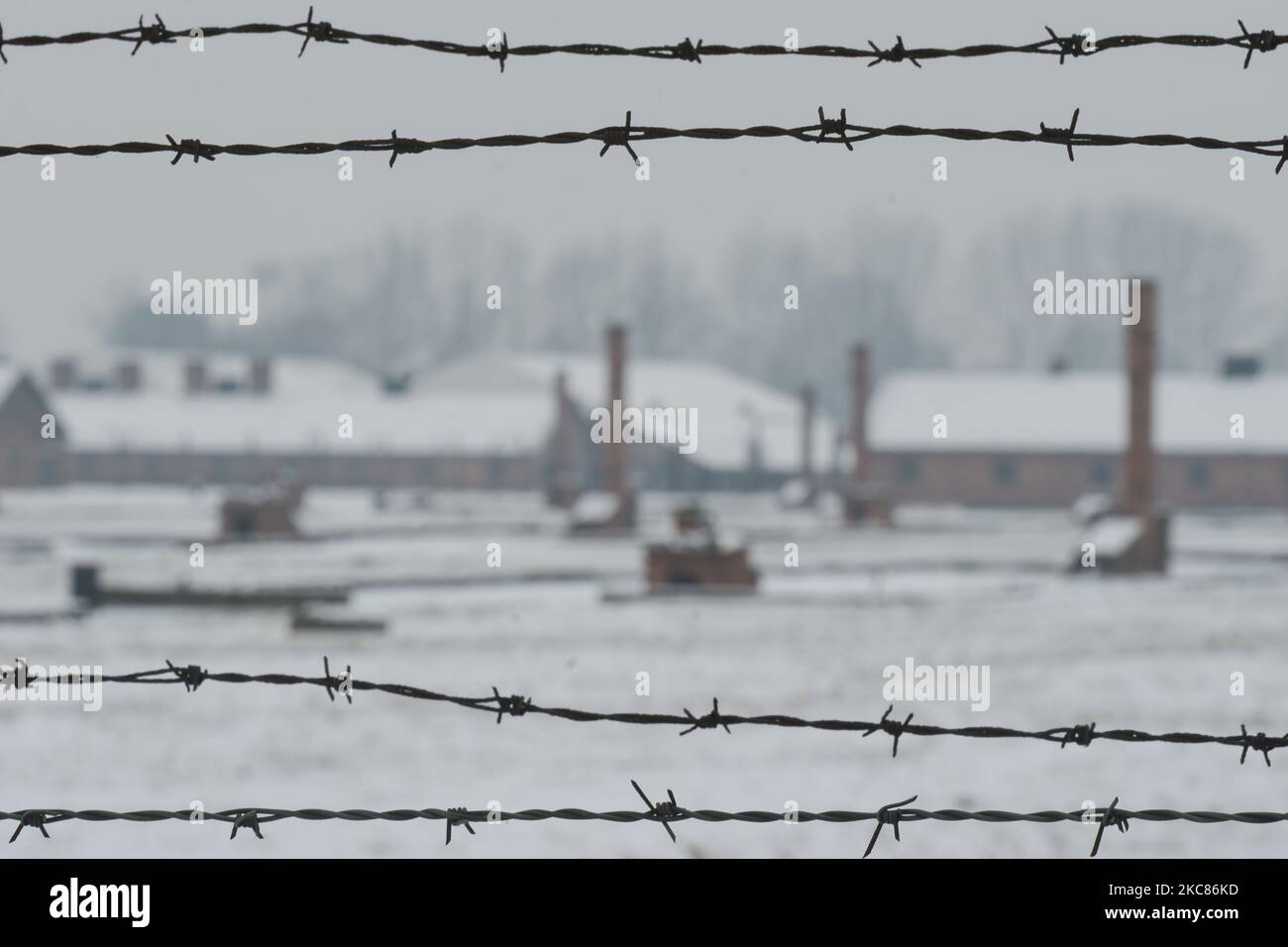 Una veduta di Auschwitz II-Birkenau, un campo di concentramento e sterminio nazista tedesco (immagine del file del 26 gennaio 2019). A causa della pandemia di coronavirus, si terrà online l'evento commemorativo del 76th° anniversario della liberazione del campo di concentramento e sterminio nazista tedesco di Auschwitz. Martedì 25 gennaio 2021 a Dublino, Irlanda. (Foto di Artur Widak/NurPhoto) Foto Stock