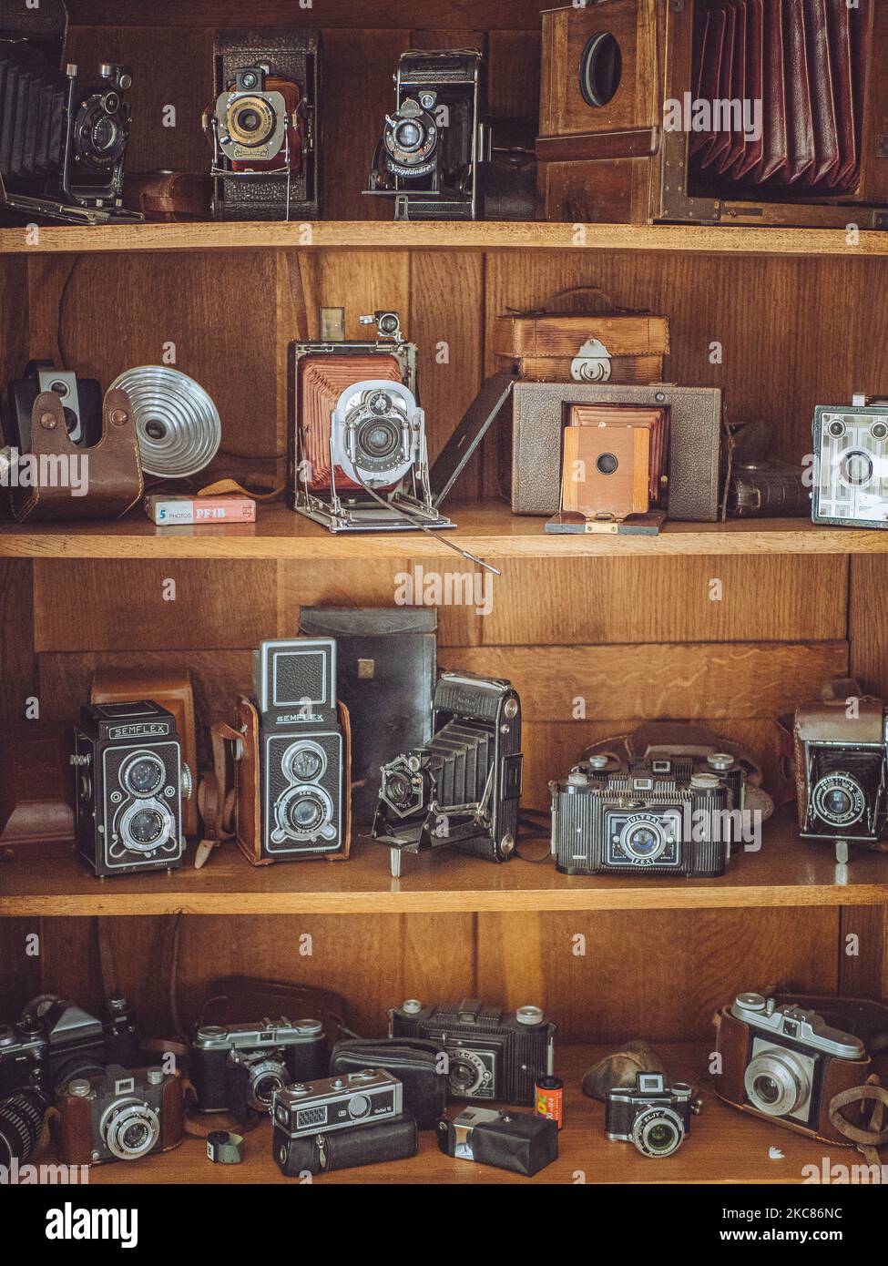 Uno scatto verticale di una collezione privata di vecchie macchine fotografiche antiche su scaffali di legno Foto Stock