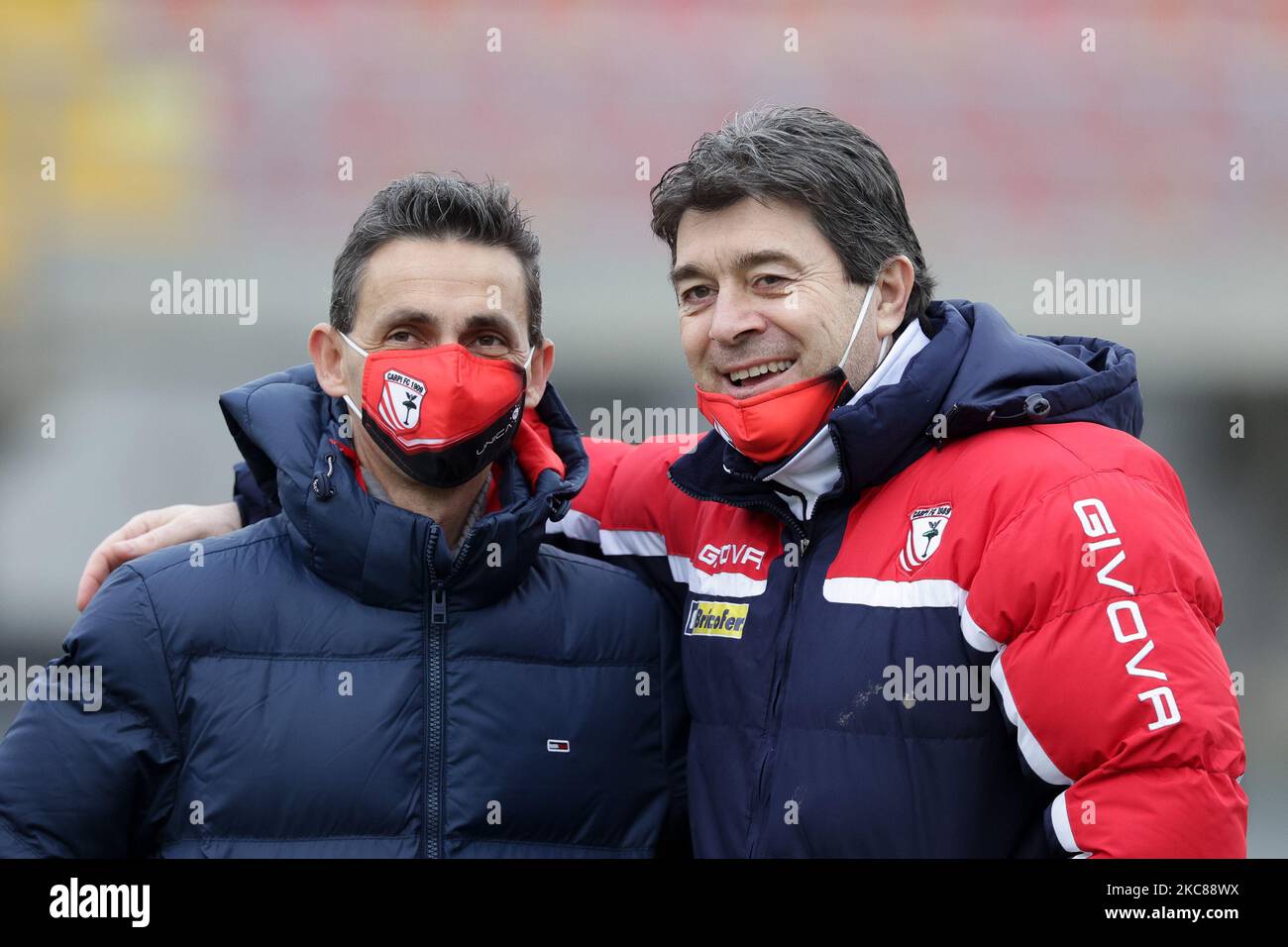 Il Presidente Matteo Mantovani del Carpi FC e il Capo allenatore Luciano Foschi del Carpi FC durante la Serie C di Carpi e Feralpisalo allo Stadio Sandro Cabassi il 27 gennaio 2021 a Carpi, Italia. (Foto di Emmanuele Ciancaglini/NurPhoto) Foto Stock