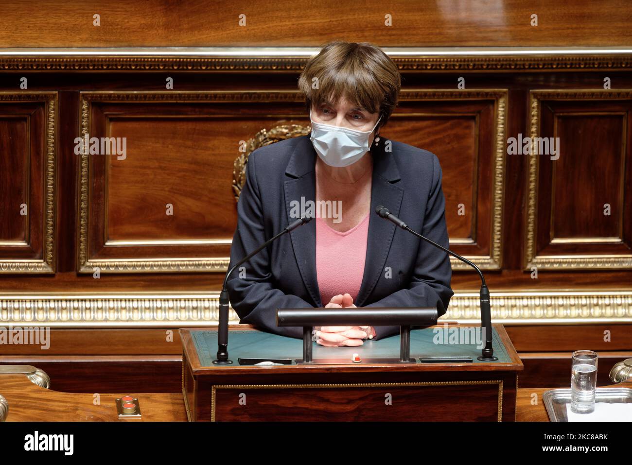 Il senatore Marie-Pierre de la Gontrie discute theÂ estensione fino al 01 giugno 2021 della theÂ legge nationalÂ healthÂ emergenza â 27 gennaio 2021 , Parigi (Foto di Daniel Pier/NurPhoto) Foto Stock