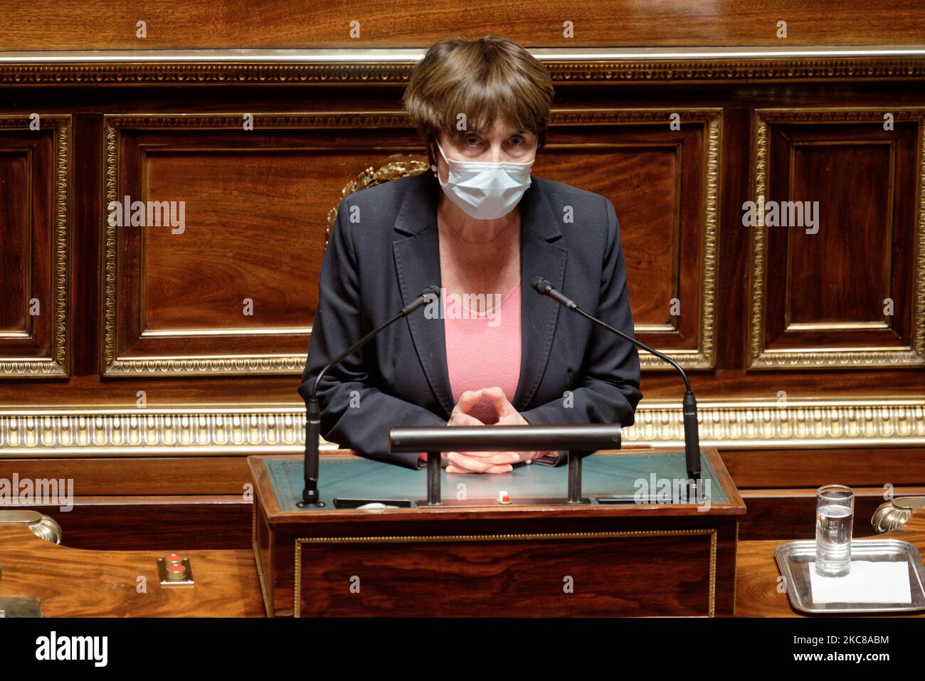 Il senatore Marie-Pierre de la Gontrie discute theÂ estensione fino al 01 giugno 2021 della theÂ legge nationalÂ healthÂ emergenza â 27 gennaio 2021 , Parigi (Foto di Daniel Pier/NurPhoto) Foto Stock