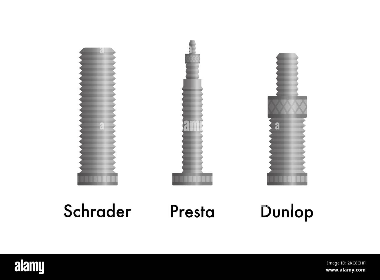 Tipi di valvole per pneumatici da bicicletta. Schrader, Presta e Dunlop. Illustrazione Vettoriale Tipi di valvole per pneumatici da bicicletta. Schrader, Presta e Dunlop. Illustrazione Vettoriale
