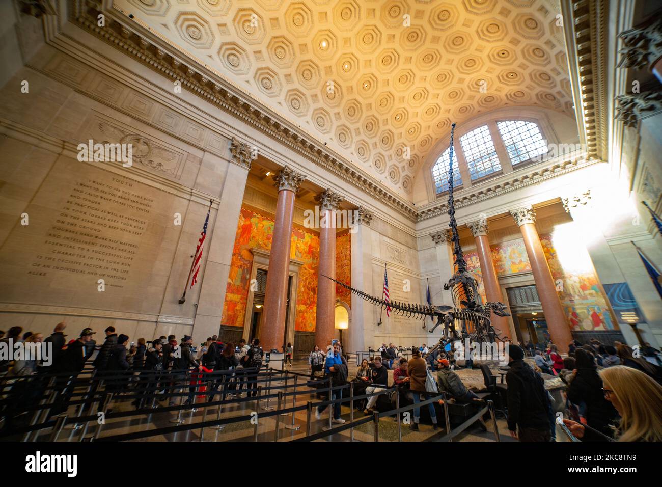 Vista grandangolare all'interno del Theodore Roosevelt Rotunda, la principale hall con biglietteria con fossili di dinosauri esposti al pubblico nell'American Museum of Natural History AMNH, situato nell'Upper West Side di Manhattan vicino a Central Park a New York City. Il museo accoglie circa 5 milioni di visitatori, turisti, locali e studenti anually. New York, Stati Uniti d'America USA il 2020 febbraio (Foto di Nicolas Economou/NurPhoto) Foto Stock