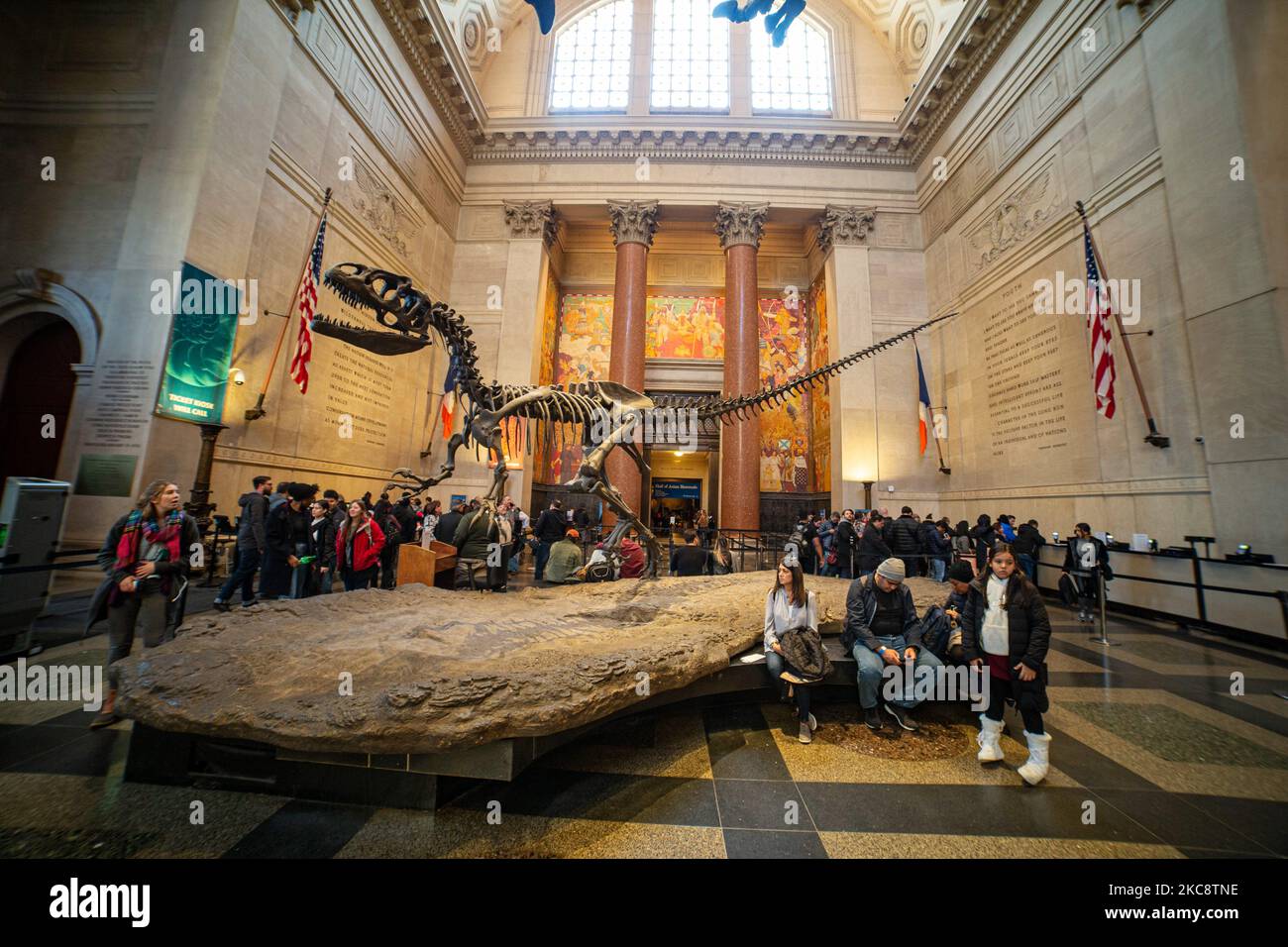 Vista grandangolare all'interno del Theodore Roosevelt Rotunda, la principale hall con biglietteria con fossili di dinosauri esposti al pubblico nell'American Museum of Natural History AMNH, situato nell'Upper West Side di Manhattan vicino a Central Park a New York City. Il museo accoglie circa 5 milioni di visitatori, turisti, locali e studenti anually. New York, Stati Uniti d'America USA il 2020 febbraio (Foto di Nicolas Economou/NurPhoto) Foto Stock