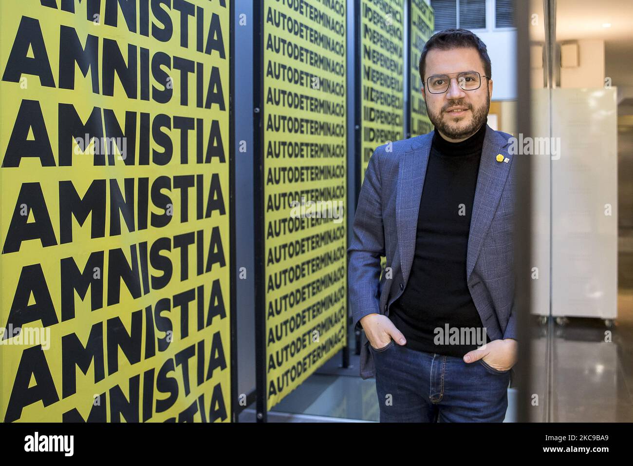 Pere Aragones, capo della lista e candidato di Esquerra Republicana de Catalunya (sinistra repubblicana della Catalogna) per la presidenza del governo della Catalogna alle elezioni del 14 febbraio 2021. Barcellona, Catalogna, Spagna. Il 1 febbraio 2021 a Barcellona, Spagna. (Foto di Albert Llop/NurPhoto) Foto Stock