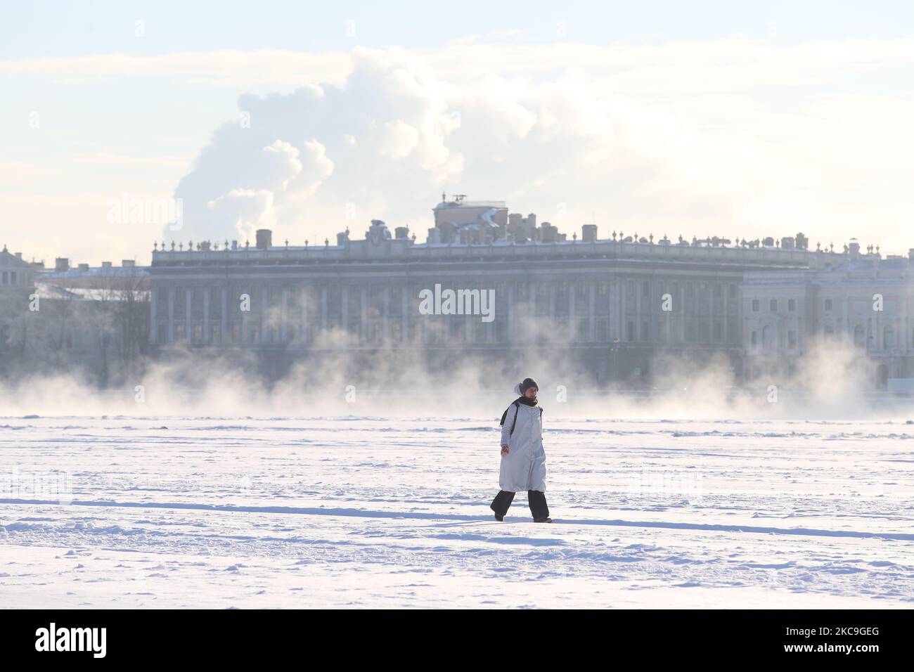 Una donna passa davanti alla nebbia sul fiume Neva congelato a San Pietroburgo. La temperatura dell'aria è scesa a -27 gradi. (Foto di Valya Egorshin/NurPhoto) Foto Stock