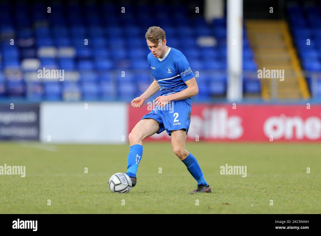 Lewis Cass of Hartlepool United durante la partita della Vanarama National League tra Hartlepool United e Yeovil Town a Victoria Park, Hartlepool, sabato 20th febbraio 2021. (Foto di Mark Fletcher/MI News/NurPhoto) Foto Stock