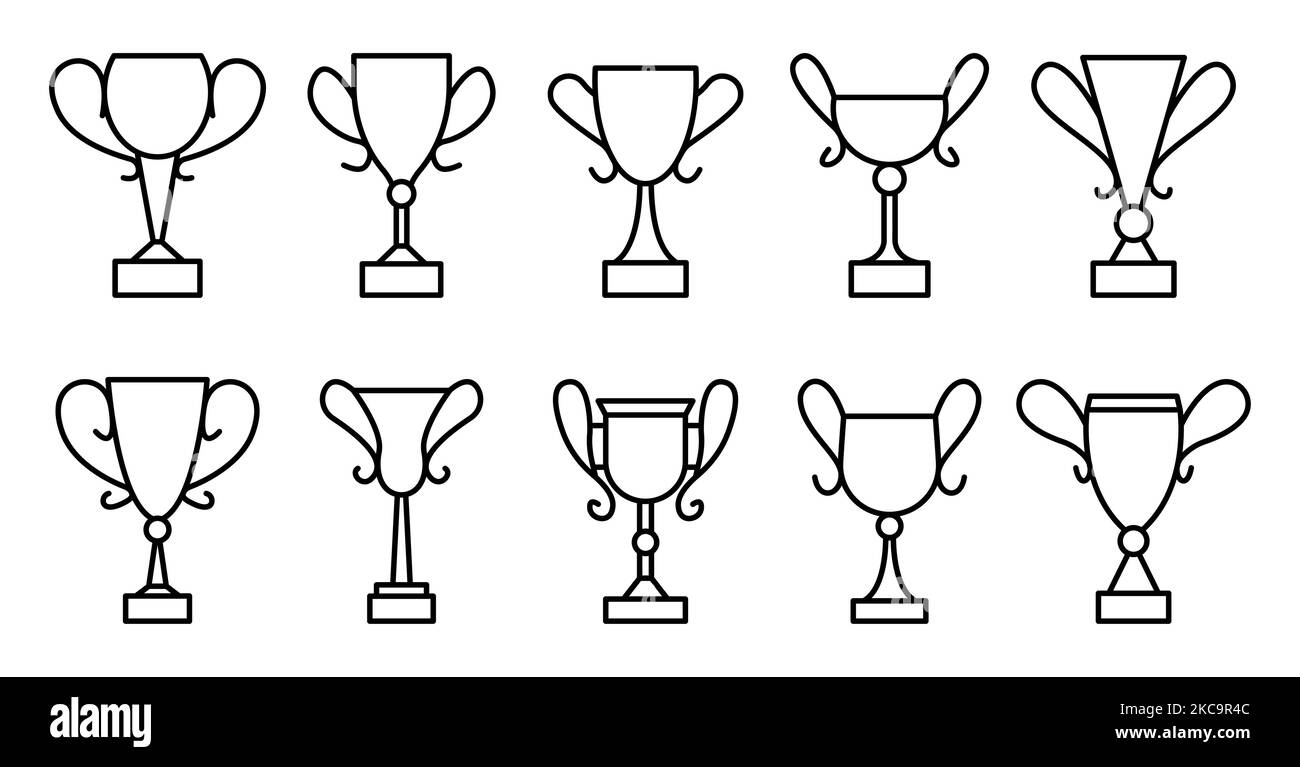 Set di icone linea nera goblet. Premio del campione d'oro. Trofeo vincitore di forme diverse. Coppe di leadership per la vittoria. Cup contorno cartoni animati. Simbolo della scelta migliore. Emblema di riconoscimento campionato isolato su bianco Illustrazione Vettoriale