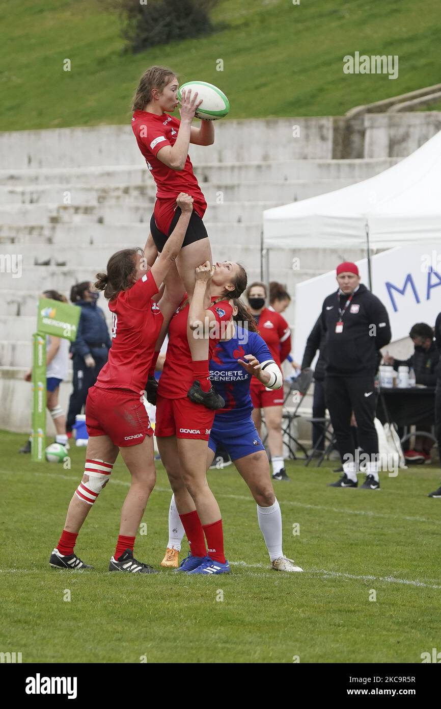 giocatore di Polonia durante la partita 20 tra Polonia e Francia durante il secondo giorno del Torneo Internazionale di Rugby Sevens di Madrid all'Universidad Complutense de Madrid il 21 febbraio 2021 a Madrid, (Foto di Oscar Gonzalez/NurPhoto) Foto Stock