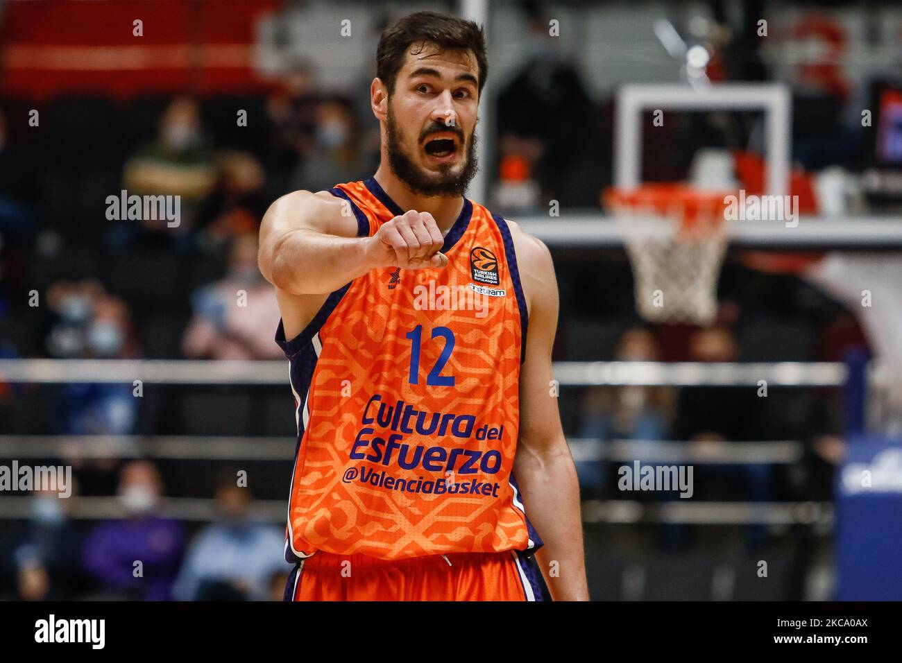 Nikola Kalinic di Valencia gesta durante la partita di pallacanestro Eurolega tra Zenit San Pietroburgo e Valencia Basket il 25 febbraio 2021 alla Sibur Arena di San Pietroburgo, Russia. (Foto di Mike Kireev/NurPhoto) Foto Stock