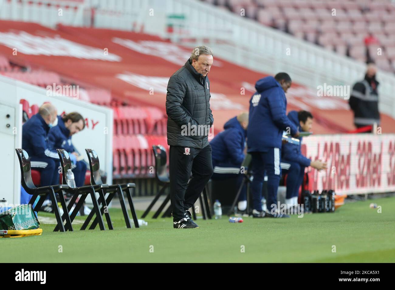 Il manager di Middesbrough Neil Warnock durante la partita del campionato Sky Bet tra Middlesbrough e Cardiff City al Riverside Stadium di Middlesbrough sabato 27th febbraio 2021. (Foto di Mark Fletcher/MI News/NurPhoto) Foto Stock