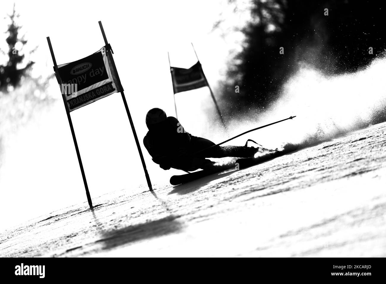 Sciatore in azione durante l'Audi FIS Alpine Ski World Cup Man's Giant Slalom il 13 marzo 2021 a Kranjska Gora, Slovenia. (Foto di Damjan Zibert/NurPhoto) Foto Stock