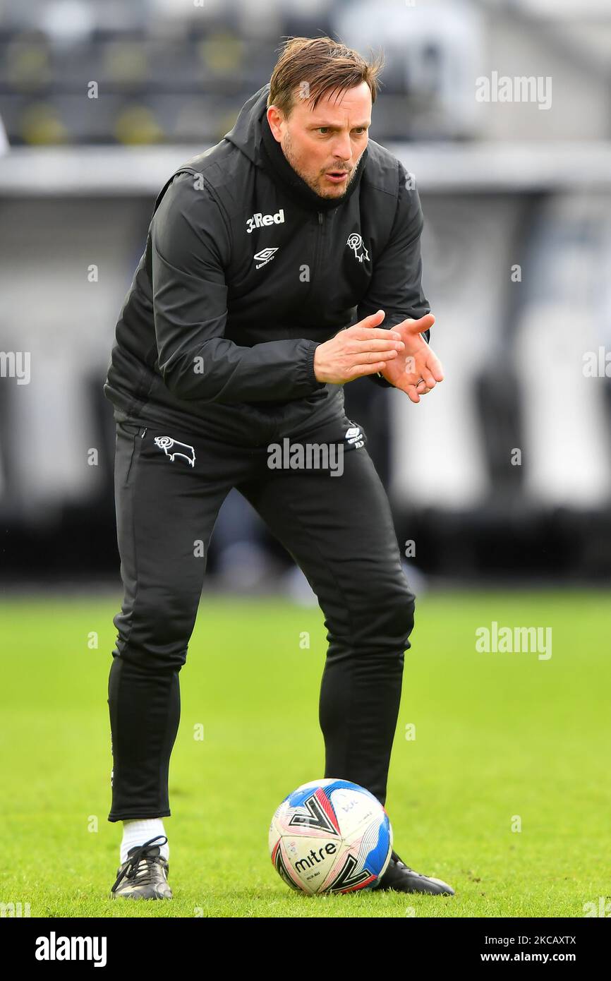 Derby County First Team Development Coach, Justin Walker durante la partita del campionato Sky Bet tra Derby County e Millwall al Pride Park, Derby, Regno Unito, il 13th marzo 2021. (Foto di Jon Hobley/MI News/NurPhoto) Foto Stock