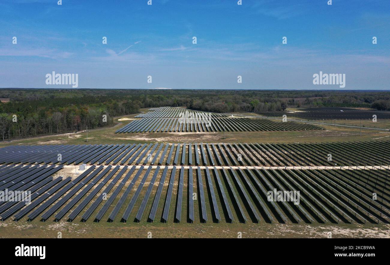 In questa vista aerea da un drone, il Florida Power & Light Echo River Solar Energy Center è visto il 15 marzo 2021 a Wellborn, Florida. La fattoria solare di 500 acri con 330.000 pannelli ha aperto in 2020 e produce 74,5 megawatt di energia, abbastanza per alimentare circa 15.000 case della Florida. (Foto di Paul Hennessy/NurPhoto) Foto Stock