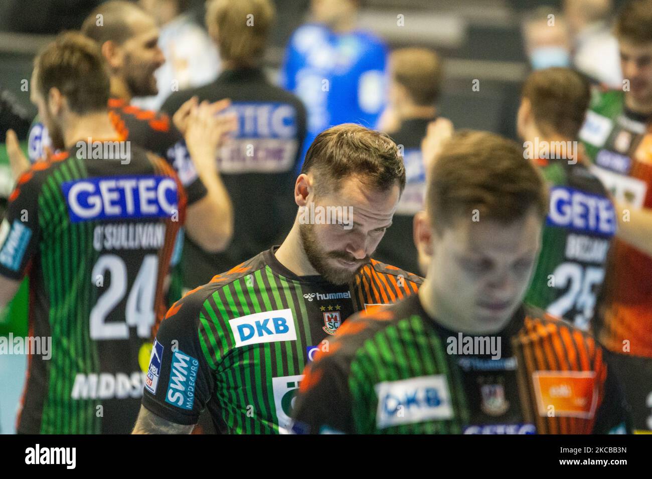 Moritz Preuss di SC Magdeburg si occupa della partita LIQUI MOLY Handball-Bundesliga tra SC Magdeburg e Fuechse Berlin al GETEC-Arena il 21 marzo 2021 a Magdeburgo, Germania. (Foto di Peter Niedung/NurPhoto) Foto Stock