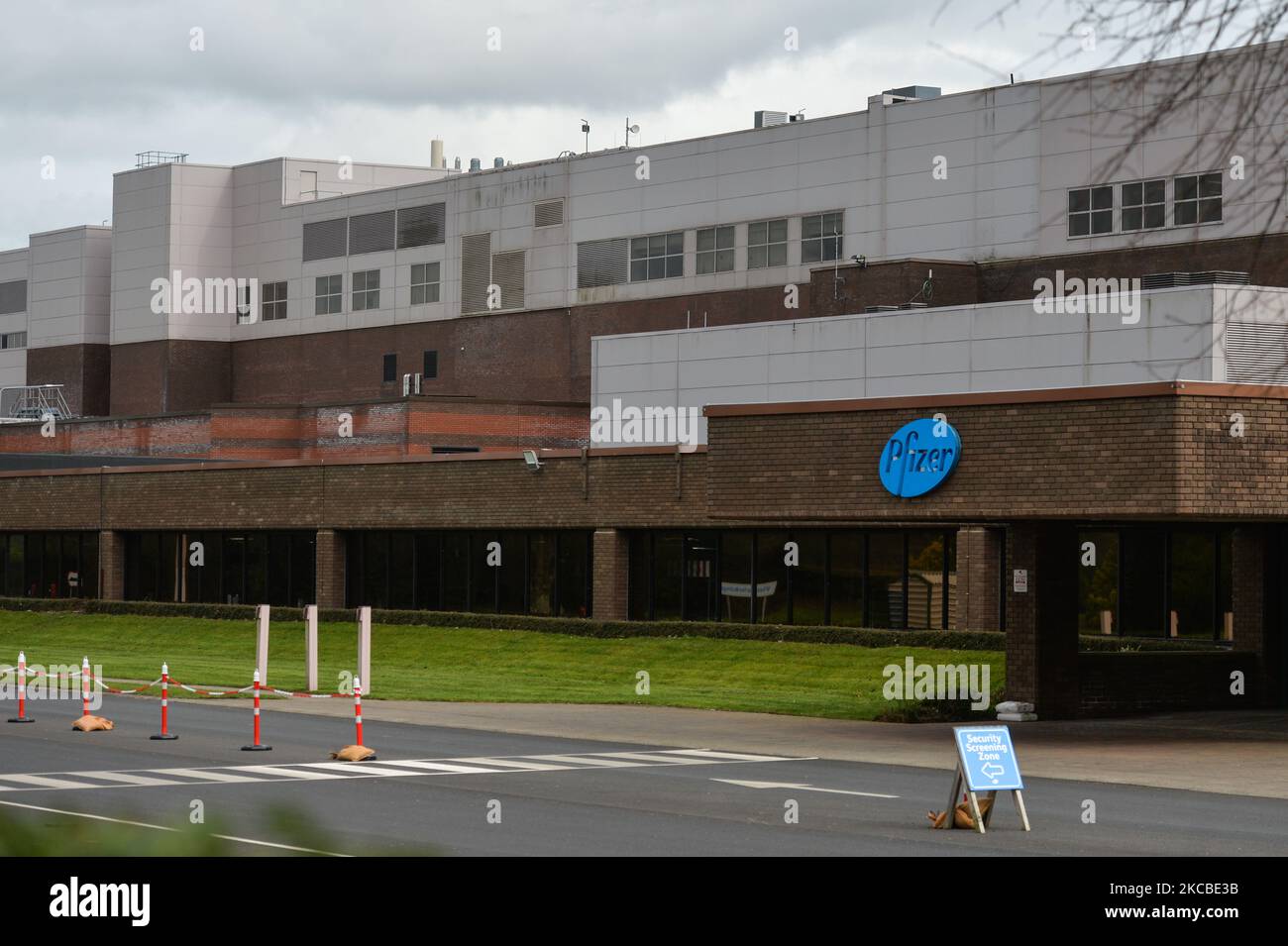 Logo della società farmaceutica Pfizer visto in uno degli ingressi dello stabilimento di Newbridge Pfizer. Mercoledì 24 marzo 2021 a Newbridge, County Kildare, Irlanda. (Foto di Artur Widak/NurPhoto) Foto Stock