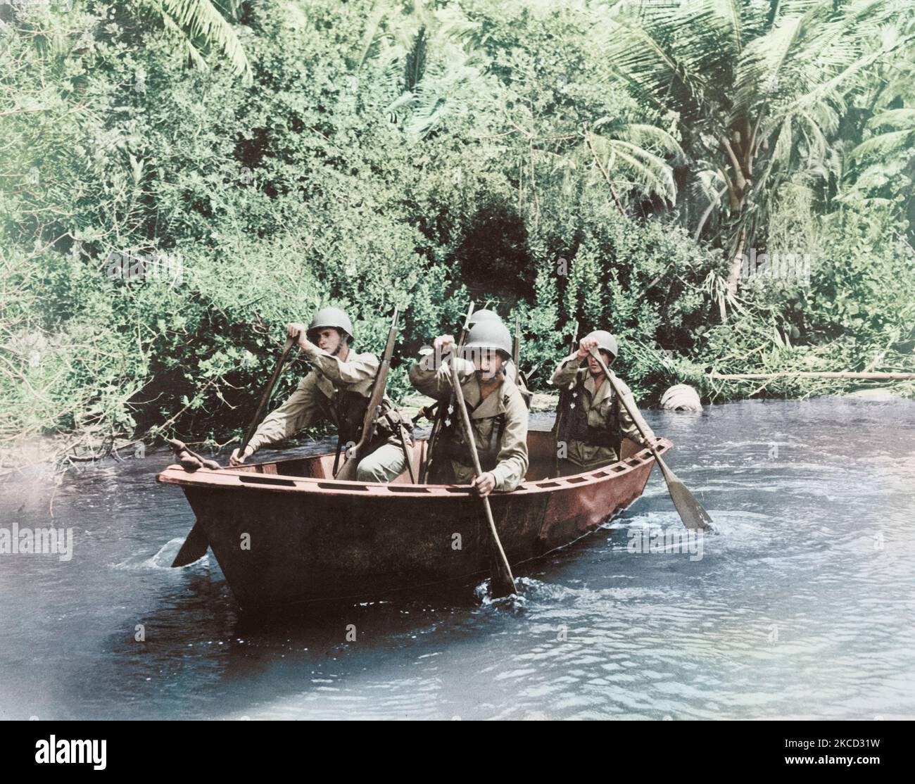 Le truppe degli Stati Uniti il pattugliamento della zona dei Caraibi in un assalto barca, circa 1942. Foto Stock
