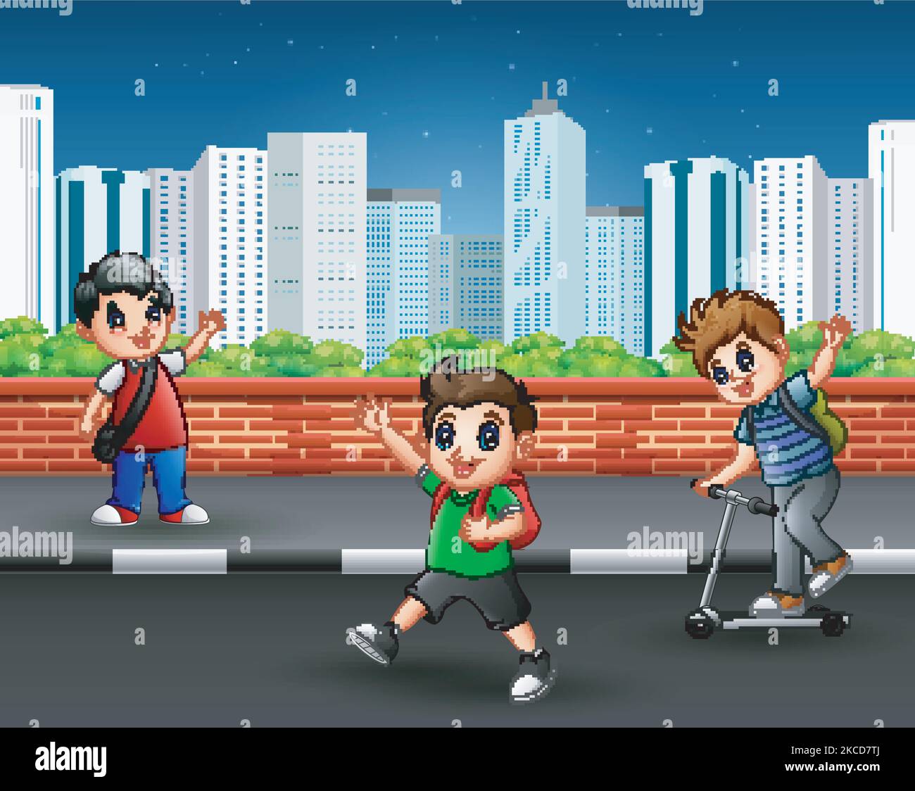 Bambini della scuola sul marciapiede con scena urbana Illustrazione Vettoriale