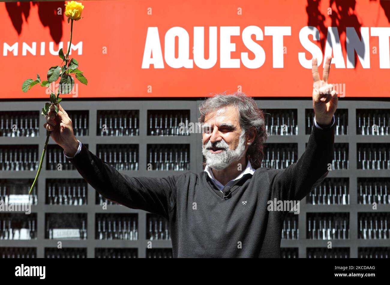 Jordi Cuixart, Presidente di Omnium Cultural, durante la celebrazione della Giornata di Sant Jordi, a Barcellona il 23th aprile 2021. -- (Foto di Urbanandsport/NurPhoto) Foto Stock