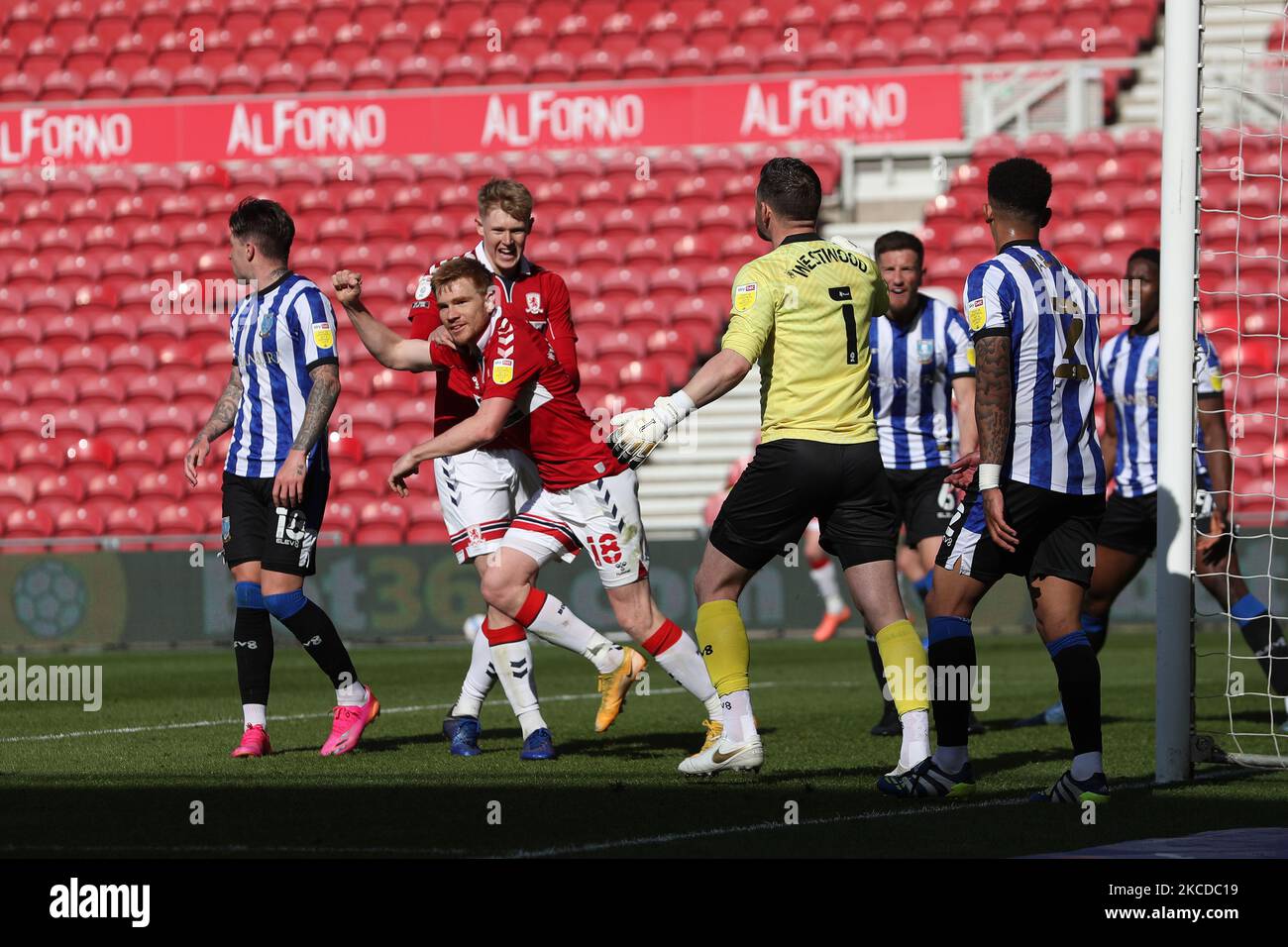 Il Duncan Watmore di Middlesbrough festeggia dopo aver segnato il terzo gol durante la partita del campionato Sky Bet tra Middlesbrough e Sheffield Mercoledì al Riverside Stadium, Middlesbrough, il 24th aprile 2021. (Foto di Mark Fletcher/MI News/NurPhoto) Foto Stock