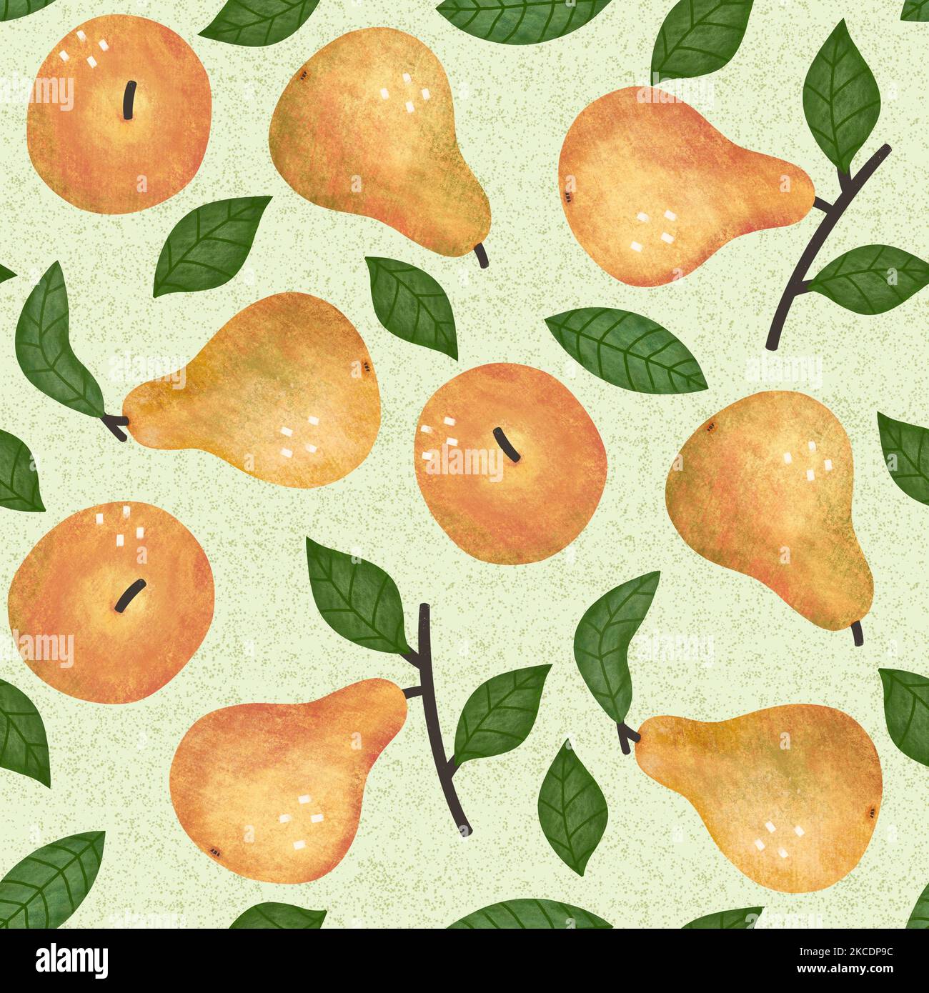 Motivo PEAR senza cuciture sullo sfondo verde chiaro. Illustrazione testurizzata di frutti gialli isolati e foglie verdi con brunch. Foto Stock