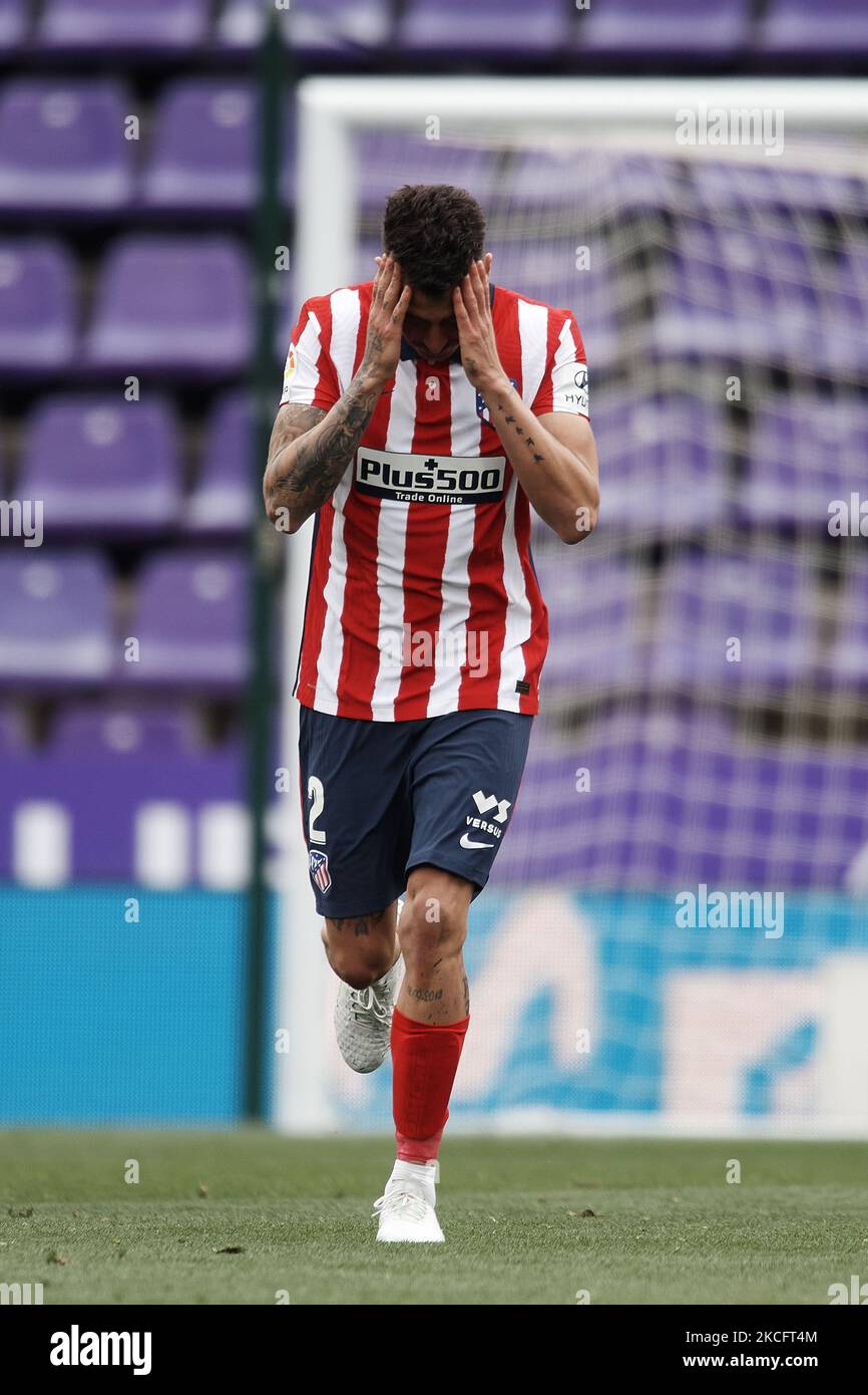 Jose Maria Gimenez di Atletico Madrid reagisce durante la partita la Liga Santander tra Real Valladolid CF e Atletico de Madrid a Estadio Municipal Jose Zorrilla il 22 maggio 2021 a Valladolid, Spagna. Gli stadi sportivi in Spagna restano soggetti a rigorose restrizioni a causa del Coronavirus Pandemic, in quanto le leggi governative di allontanamento sociale vietano ai fan all'interno dei locali, con conseguente gioco a porte chiuse (Foto di Jose Breton/Pics Action/NurPhoto) Foto Stock