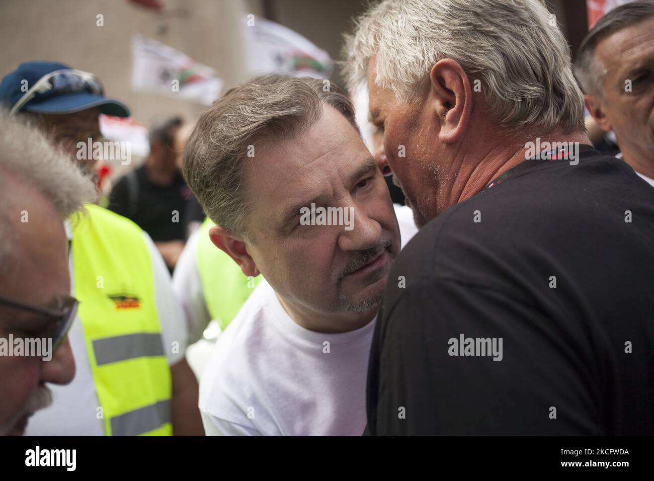 Piotr Duda, leader del movimento di solidarietà visto durante le miniere di carbone, i lavoratori protestano contro la chiusura delle miniere a Varsavia il 9 giugno 2021. (Foto di Maciej Luczniewski/NurPhoto) Foto Stock
