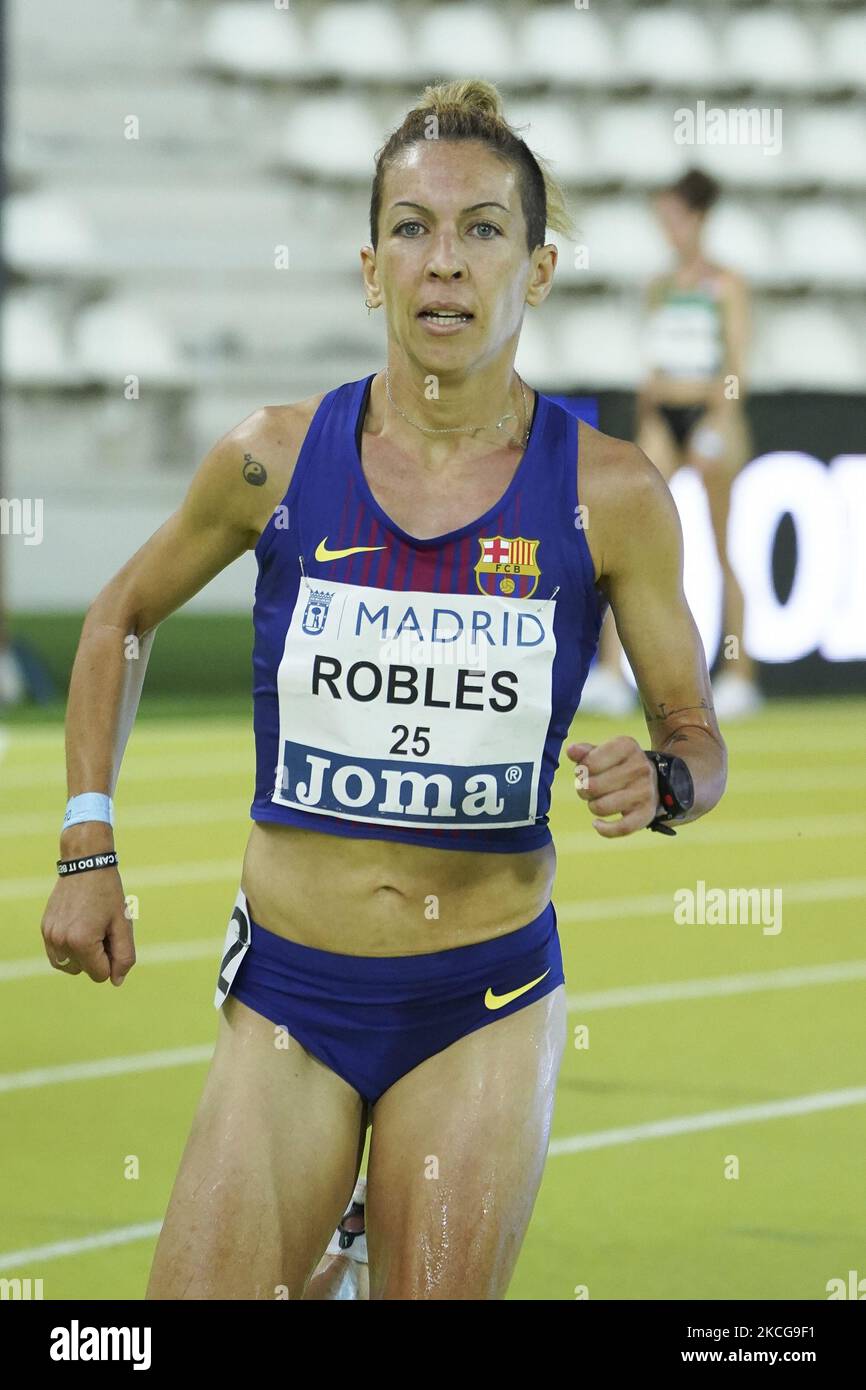 Carolina Robles in azione durante il corso di ostacoli femminile del Madrid Athletics Meeting tenutosi allo stadio Vallehermoso, a Madrid, il 19 giugno 2021. (Foto di Oscar Gonzalez/NurPhoto) Foto Stock