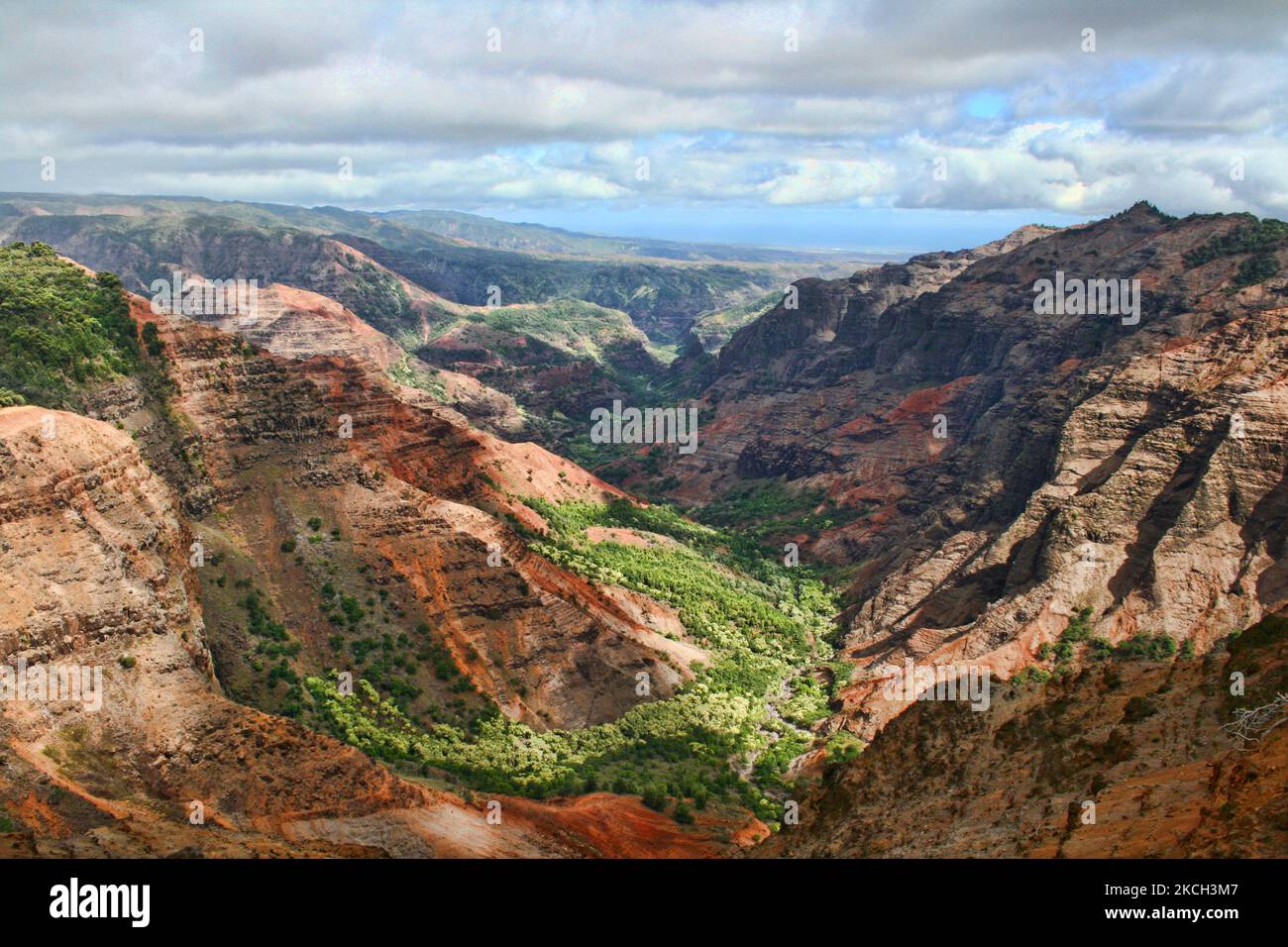 Waimea Canyon sull'isola hawaiana di Kaua'i, Hawaii, USA, il 14 luglio 2007. Il Waimea Canyon è conosciuto come il Grand Canyon del Sud Pacifico. E' lungo circa 16 km e profondo fino a 3.000 piedi (900 m), situato sul lato occidentale di Kaua'i. Fu formata dalla profonda incisione del fiume Waimea, dovuta alle precipitazioni estreme sull'isola. (Foto di Creative Touch Imaging Ltd./NurPhoto) Foto Stock