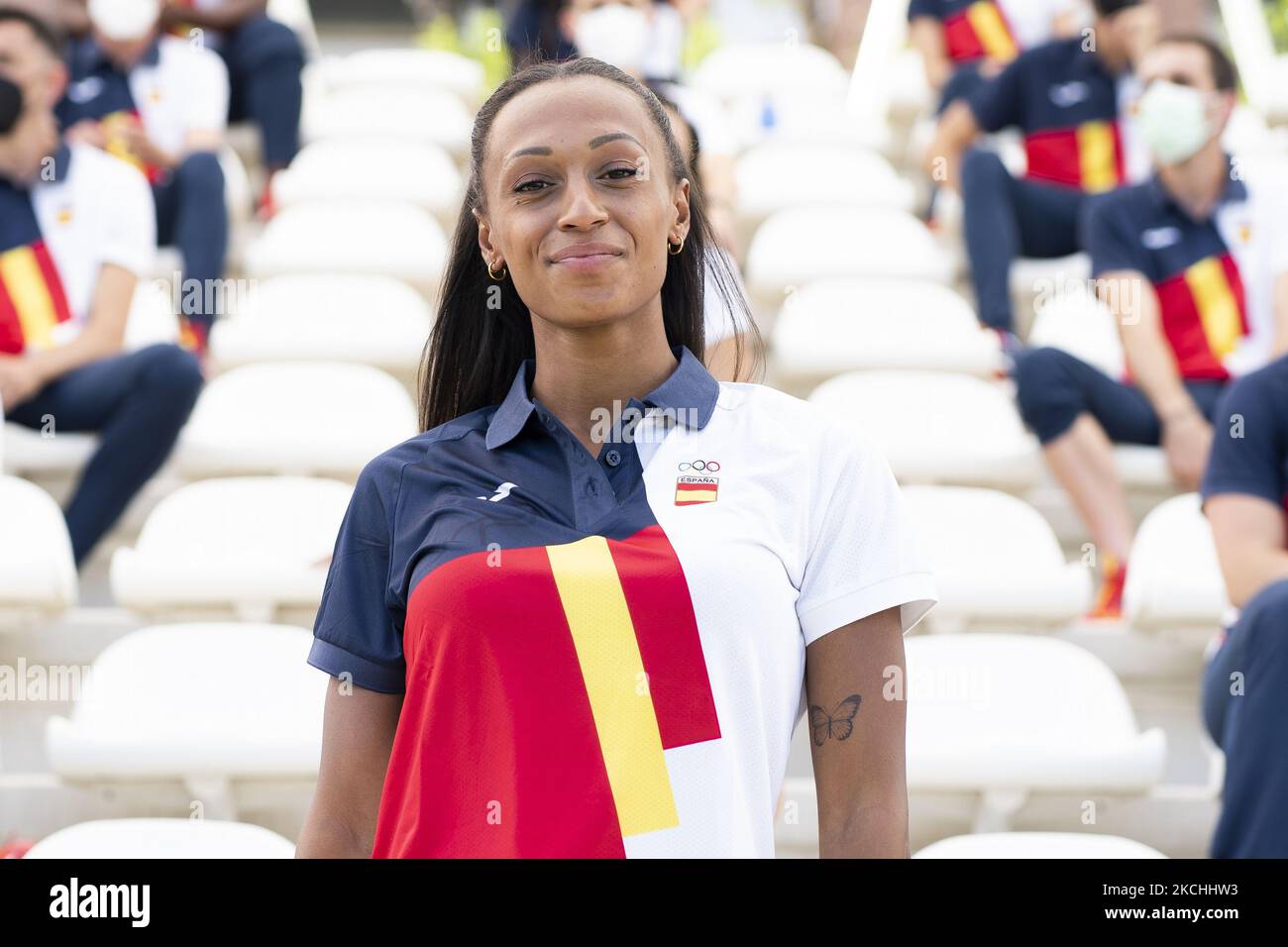 Ana Peleteiro durante l'atto di congedo della squadra di atletica olimpica prima della sua partecipazione ai Giochi Olimpici di Tokyo allo stadio Vallehermoso di Madrid, 22 luglio 2021 Spagna (Foto di Oscar Gonzalez/NurPhoto) Foto Stock