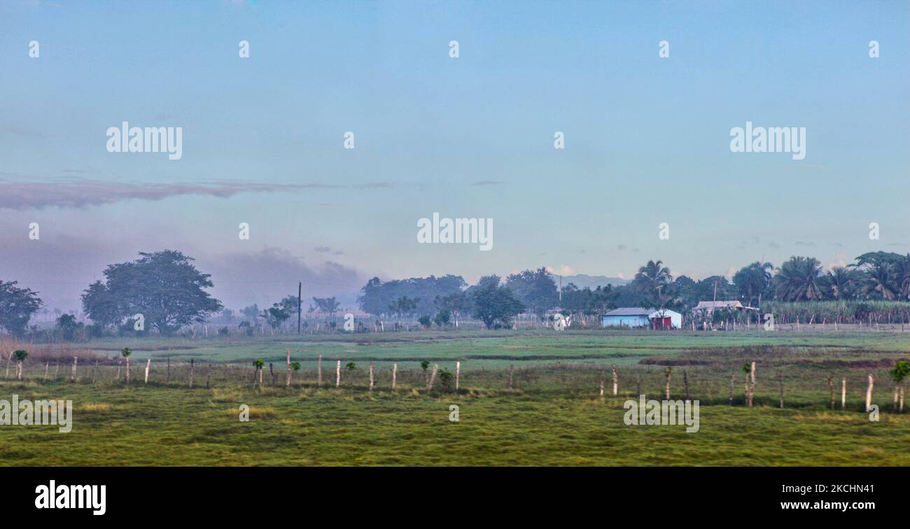 Il fumo proveniente da coltivazioni in fiamme nelle vicinanze avvolge i terreni agricoli della provincia di la Romana nella Repubblica Dominicana, il 19 dicembre 2012. (Foto di Creative Touch Imaging Ltd./NurPhoto) Foto Stock