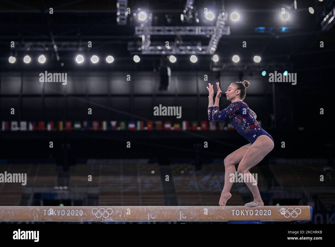 Grace McCallum degli Stati Uniti d'America durante la qualificazione femminile per la finale di ginnastica artistica alle Olimpiadi presso l'Ariake Gymnastics Centre di Tokyo, Giappone, il 25 luglio 2021. (Foto di Ulrik Pedersen/NurPhoto) Foto Stock