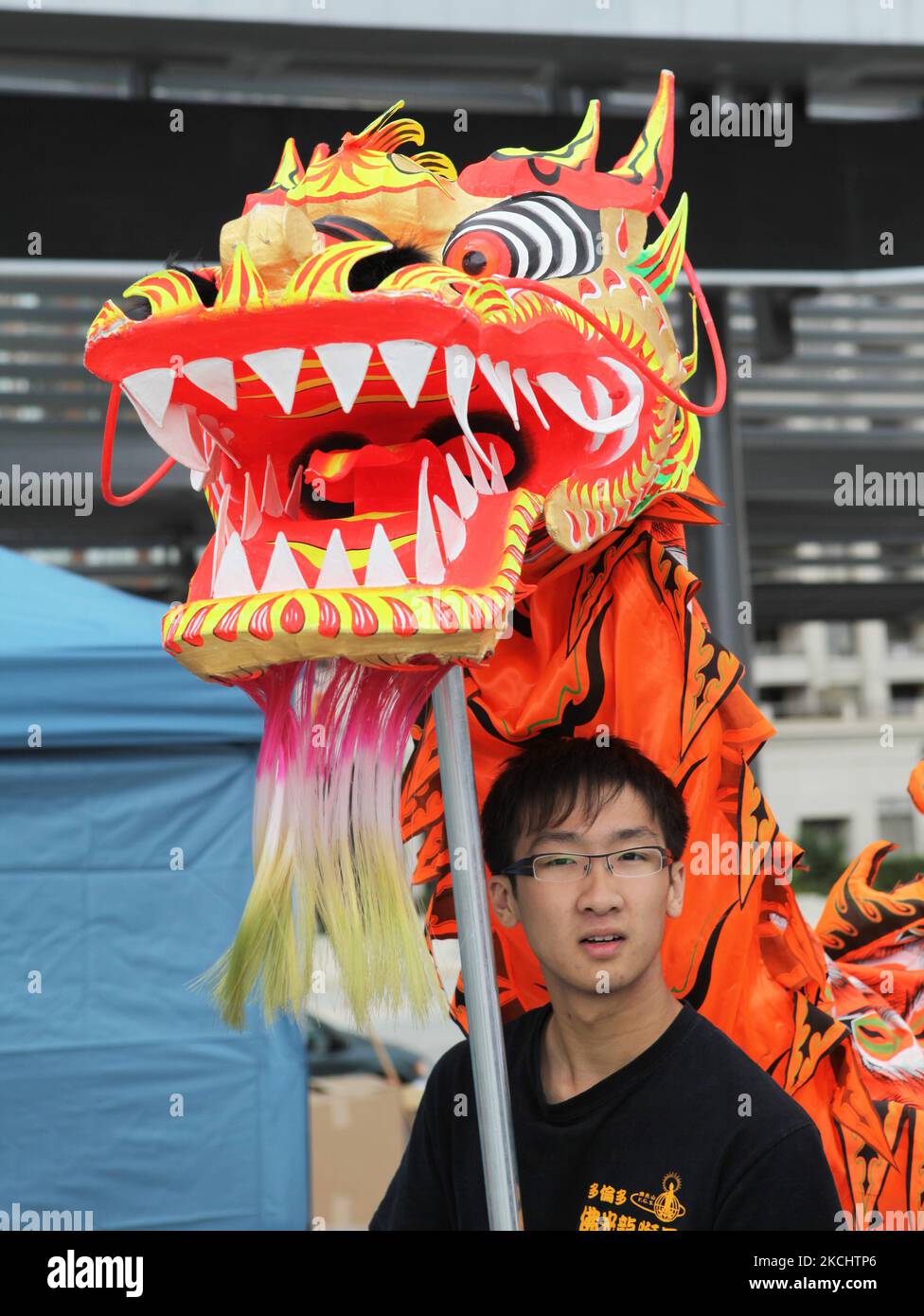 I membri della comunità cinese eseguono una tradizionale danza del drago durante un evento culturale a Mississauga, Ontario, Canada. L'Ontario ospita un'enorme popolazione di immigrati cinesi, molti dei quali sono venuti in Canada dopo che Hong Kong è tornato al dominio cinese nel 1997. (Foto di Creative Touch Imaging Ltd./NurPhoto) Foto Stock