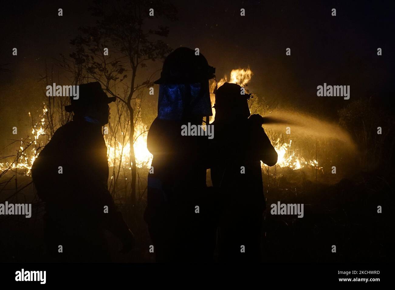 Gli incendi di peatland si sono verificati mercoledì 28 luglio 2021 nel villaggio di Sungai Rambutan, Regency di Ogan Ilir, Sumatra meridionale. Questa zona di terra bruciata alle 4,00:00 (Foto di Sigit Prasetya/NurPhoto) Foto Stock