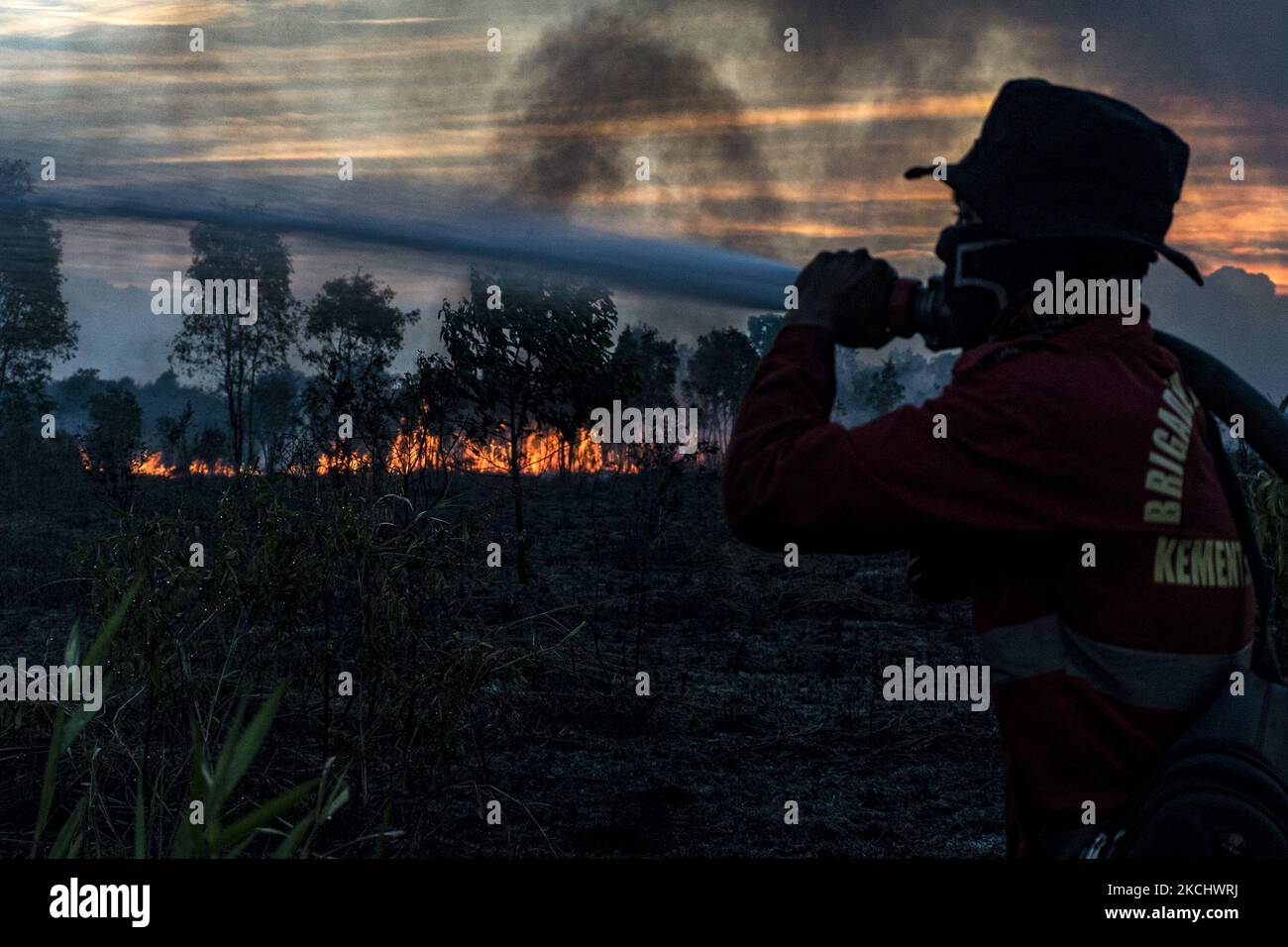 Gli incendi di peatland si sono verificati mercoledì 28 luglio 2021 nel villaggio di Sungai Rambutan, Regency di Ogan Ilir, Sumatra meridionale. Questa zona di terra bruciata alle 4,00:00 (Foto di Sigit Prasetya/NurPhoto) Foto Stock