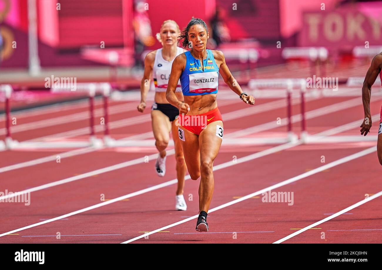 Melissa Gonzalez dalla Colombia durante gli ostacoli di 400 metri per le donne alle Olimpiadi di Tokyo, Stadio Olimpico di Tokyo, Giappone il 31 luglio 2021. (Foto di Ulrik Pedersen/NurPhoto) Foto Stock