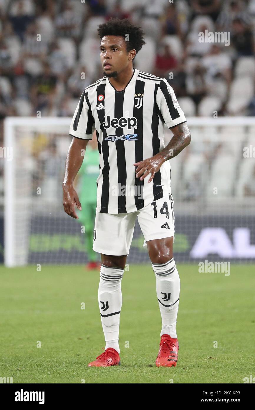 Weston McKennie della Juventus in azione durante la partita amichevole pre-stagione tra Juventus e Atalanta BC allo stadio Allianz il 14 agosto 2021 a Torino. (Foto di Giuseppe Cottini/NurPhoto) Foto Stock