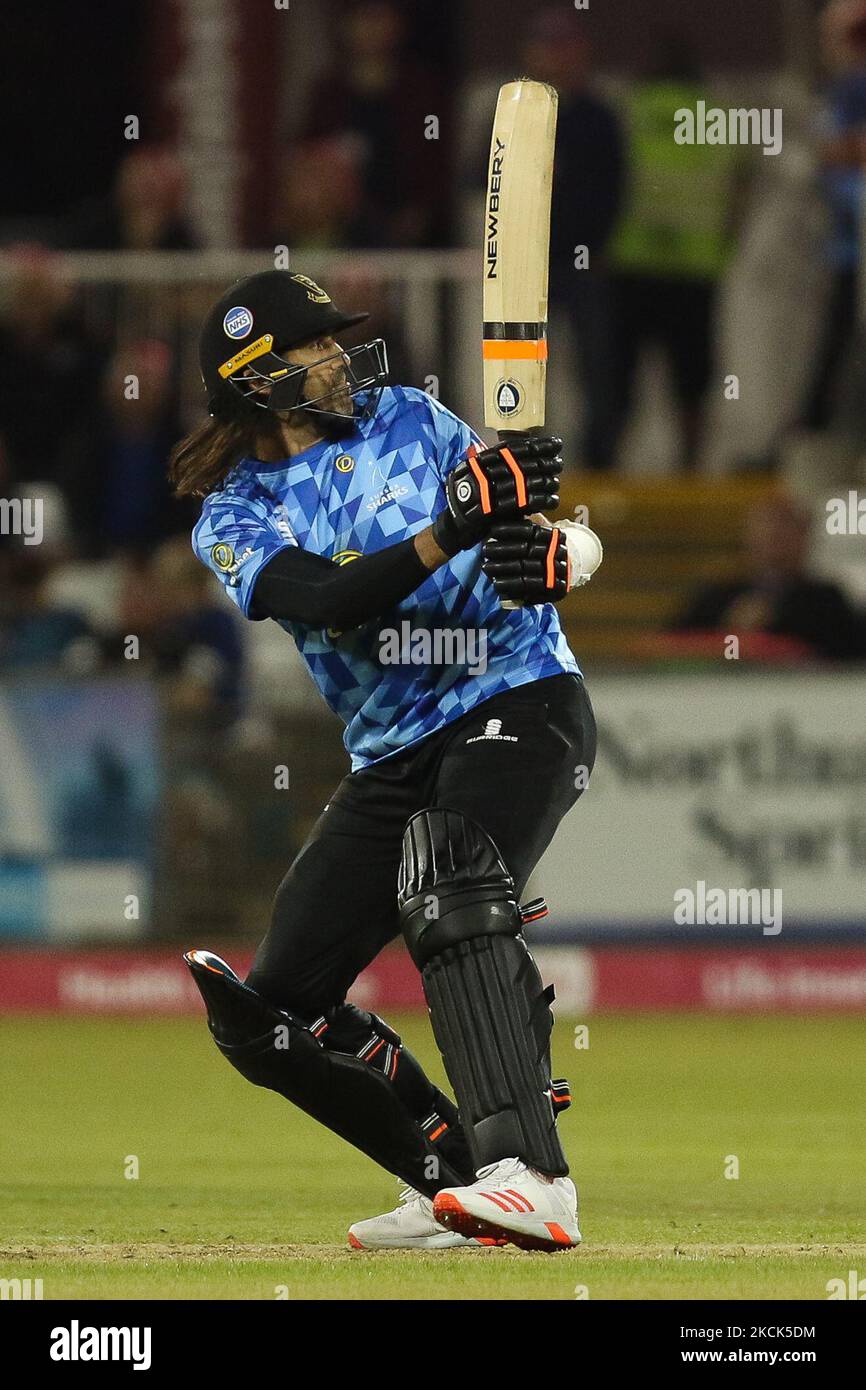 David Wiese del Sussex si schiaccia durante la partita Blast Vitality T20 tra lo Yorkshire County Cricket Club e il Sussex County Cricket Club presso Emirates Riverside, Chester le Street martedì 24th agosto 2021. (Foto di will Matthews/MI News/NurPhoto) Foto Stock