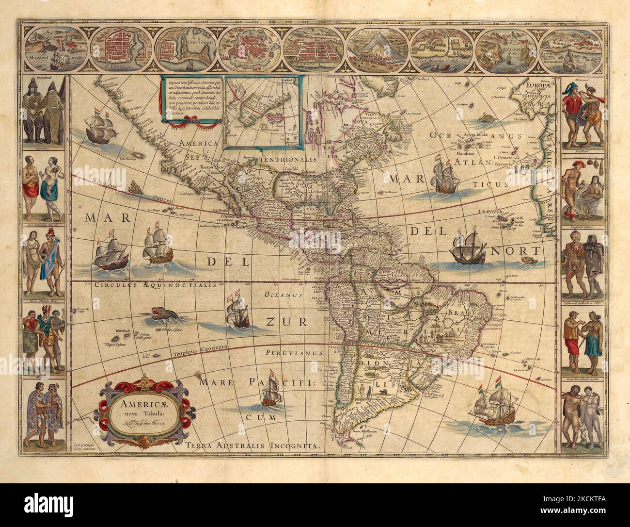 Vintage illustrato 1614 mappa delle Americhe dal cartografo olandese Willem Janszoom Blaeu Foto Stock