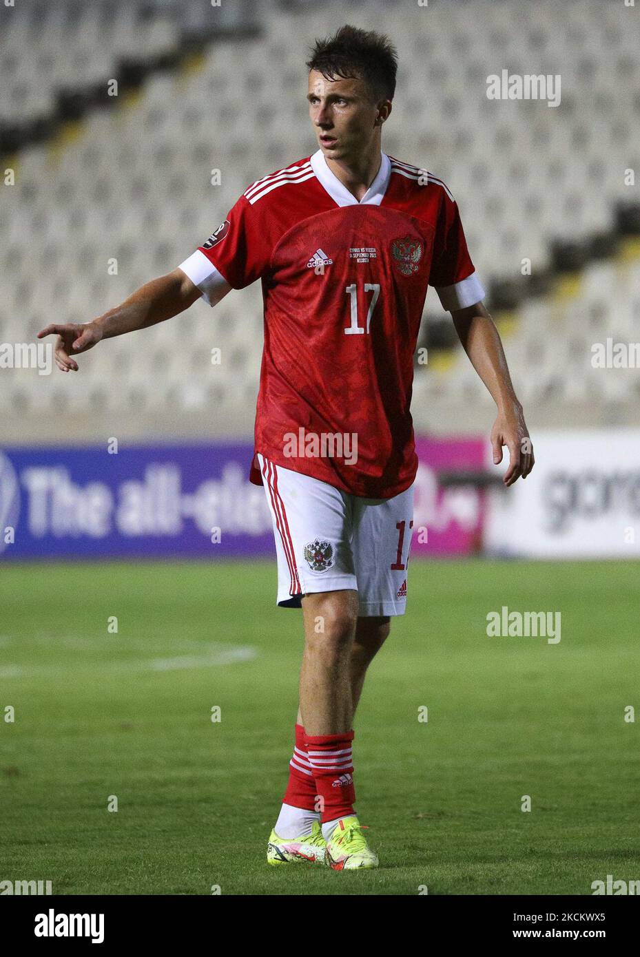 Aleksandr Golovin in Russia reagisce durante la Coppa del mondo 2022 gruppo H qualificandosi partita di calcio tra Cipro e Russia allo stadio GSP di Nicosia, Cipro, Sabato, 4 settembre 2021 (Foto di Danil Shamkin/NurPhoto) Foto Stock