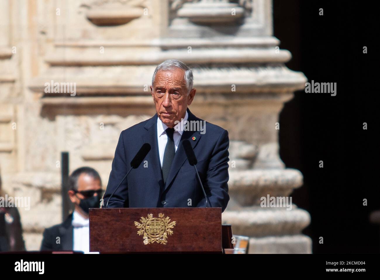 Il Presidente della Repubblica, Marcelo Rebelo de Sousa, interviene alla cerimonia funeraria del 12 settembre 2021 a Belem, Lisbona, Portogallo. Jorge Sampaio, 81 anni, fu presidente della Repubblica per due mandati, tra il 1996 e il 2006, morì il 10 settembre. Il governo portoghese decretò tre giorni di lutto nazionale. La cerimonia si è svolta oggi, 12 settembre 2021, con alte autorità di politica internazionale e ha partecipato al suo ultimo congedo. (Foto di Nuno Cruz/NurPhoto) Foto Stock