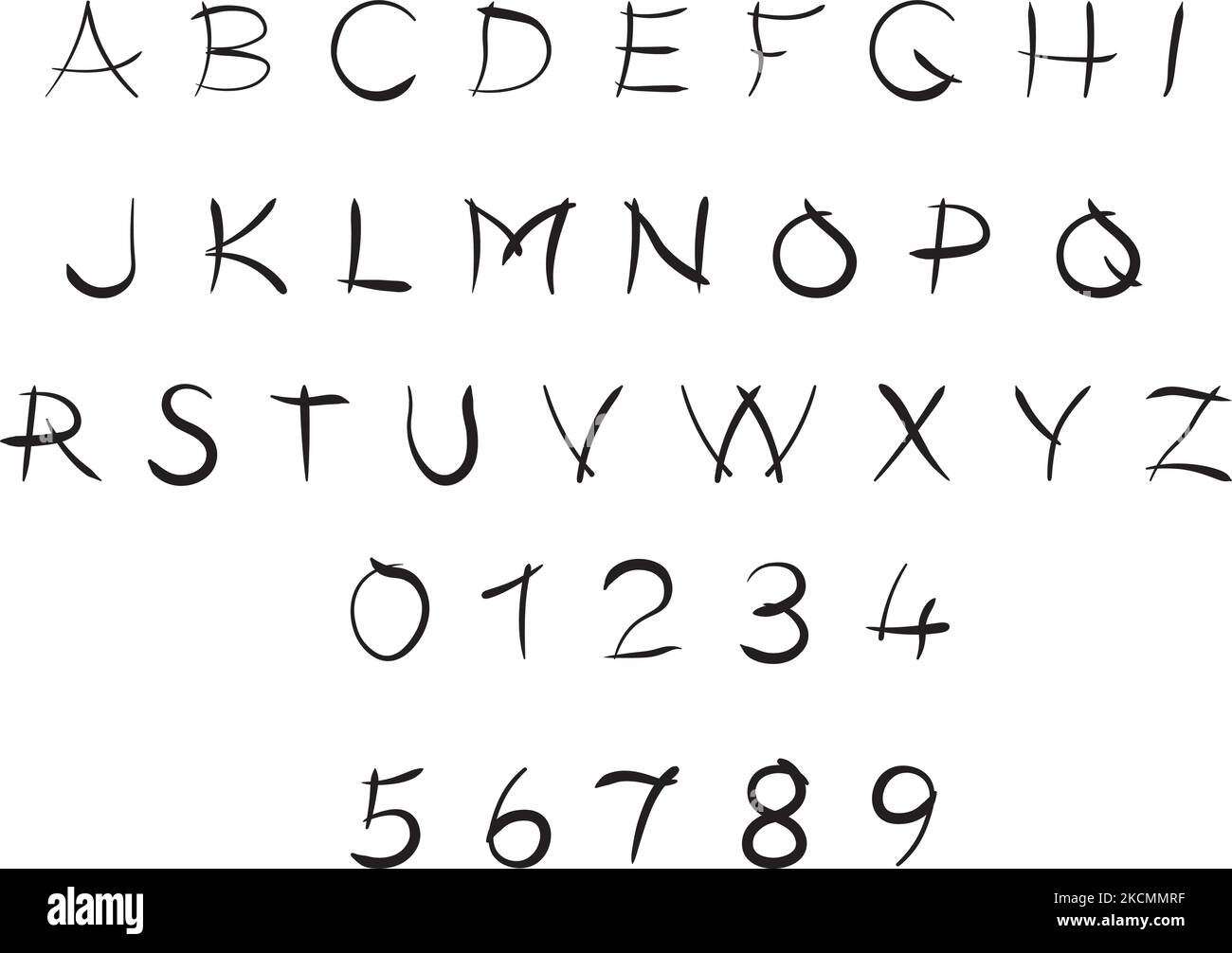 Font di stile libero disegnato a mano, alfabeto vettoriale e numeri Illustrazione Vettoriale