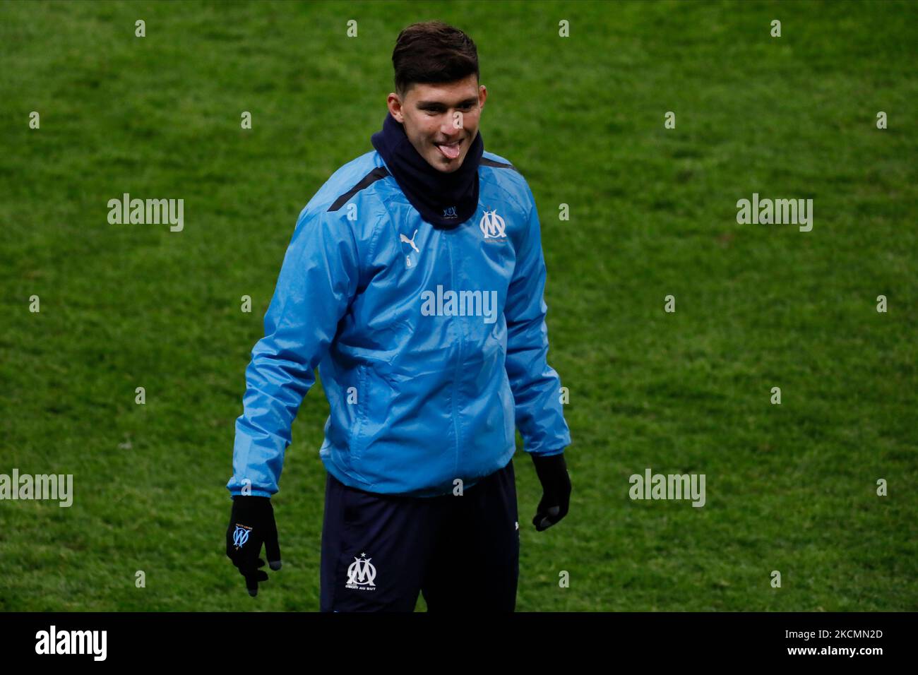 Leonardo Balerdi di Marsiglia durante il warm-up davanti alla partita UEFA Europa League Group e tra Lokomotiv Mosca e Olympique de Marseille il 16 settembre 2021 alla RZD Arena di Mosca, Russia. (Foto di Mike Kireev/NurPhoto) Foto Stock