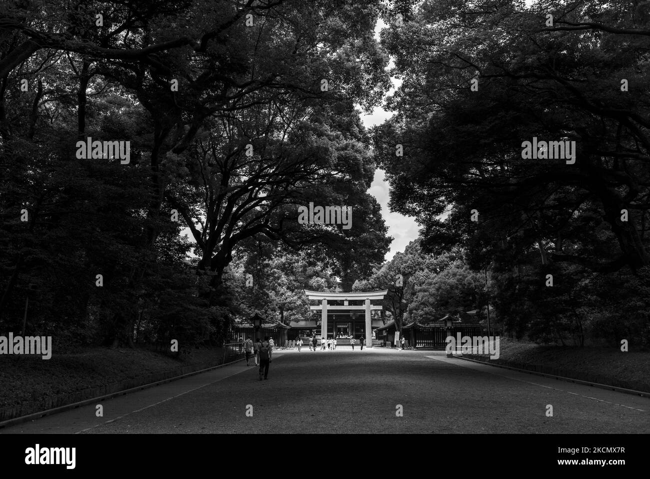 07/09/2021 Tokyo, Giappone. Torii all'ingresso del santuario Meiji-jingu a Shintoista a Shibuya, Tokyo. L'emergenza Covid in Giappone continua e le località turistiche e gli uffici sono molto meno frequentati. Tuttavia, anche se i casi di coronavirus sono in progressivo declino, il governo sta cercando di decidere l'estensione dello stato di emergenza COVID-19 a Tokyo e in altre aree metropolitane in cui gli ospedali restano sotto pressione. (Foto di Mauro Ujetto/NurPhoto) Foto Stock