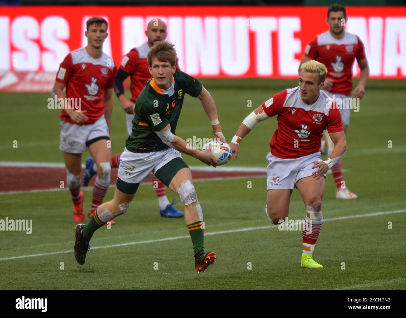 Christie Grobbelaar del Sud Africa durante la Gran Bretagna 7S vs Sud Africa 7S, HSBC World Rugby Seven Series Cup Final match al Commonwealth Stadium di Edmonton. Domenica 26 settembre 2021, a Edmonton, Alberta, Canada. (Foto di Artur Widak/NurPhoto) Foto Stock