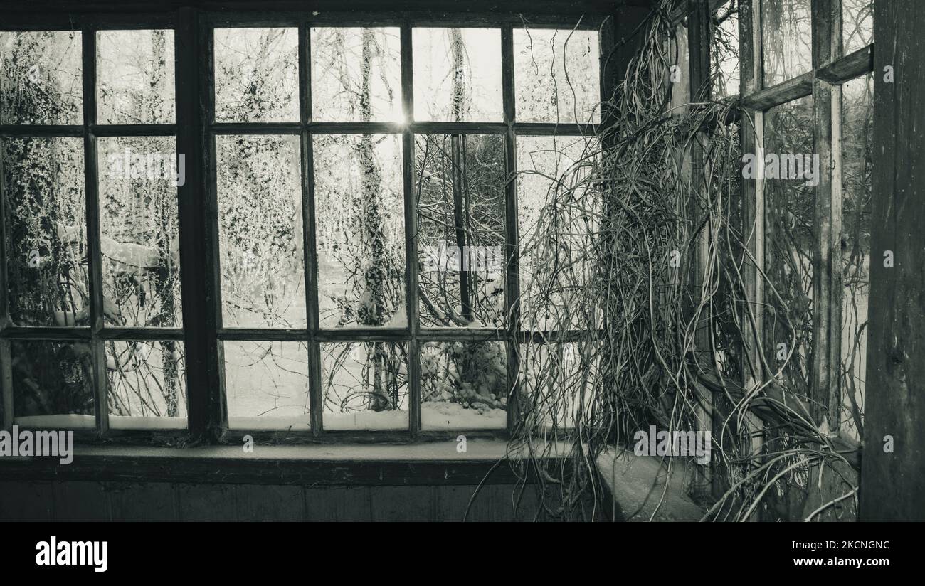 Portico di una vecchia casa abbandonata in inverno con finestre smerigliate Foto Stock