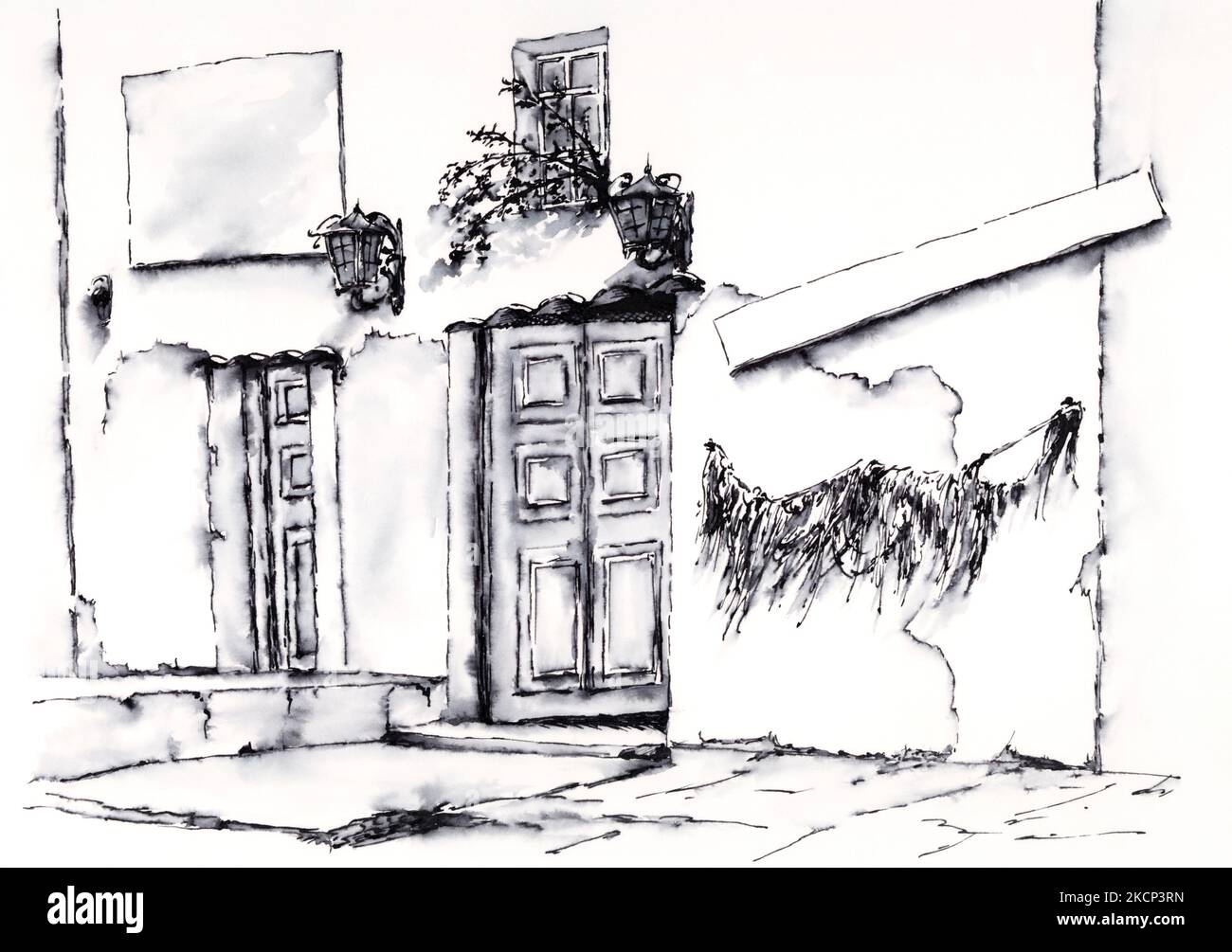 Parete dell'edificio con porte e lampade. Inchiostro sulla carta. Foto Stock