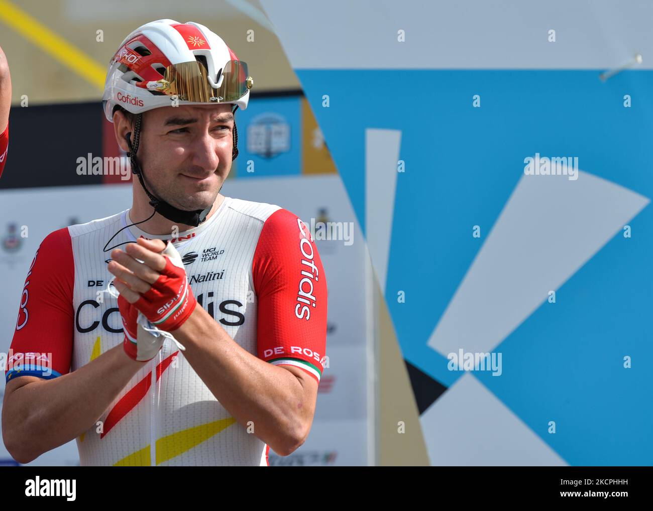 Elia Viviani d'Italia e Confidis Team al via la nuova edizione del giro del Veneto, la classica gara ciclistica italiana 168,8km da Cittadella a Padova, che si svolge in Veneto. Mercoledì 13 ottobre 2021 a Padova, Veneto, Italia. (Foto di Artur Widak/NurPhoto) Foto Stock